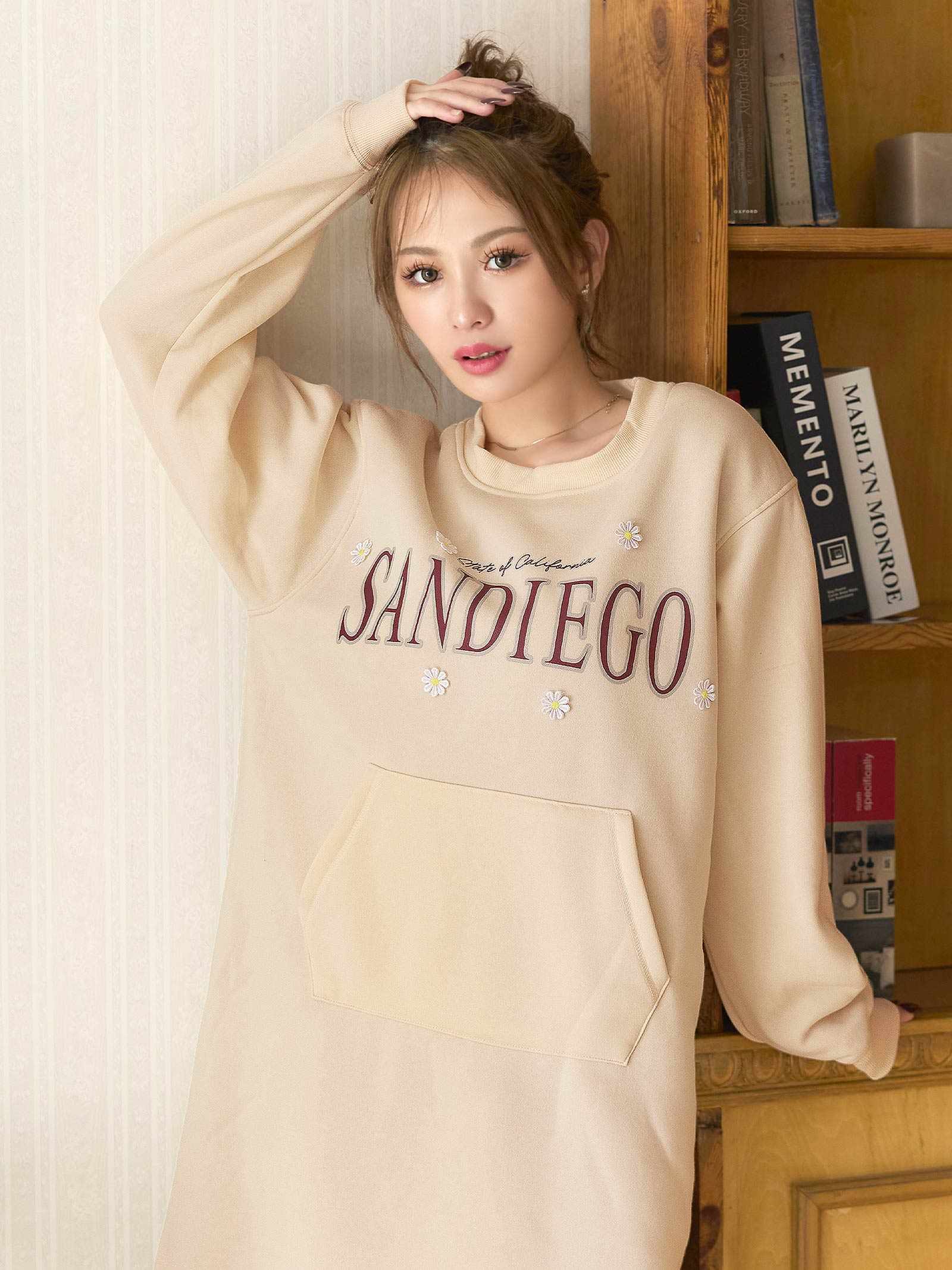 11/14新作!カジュアルロゴフラワー長袖ワンピースルームウェア