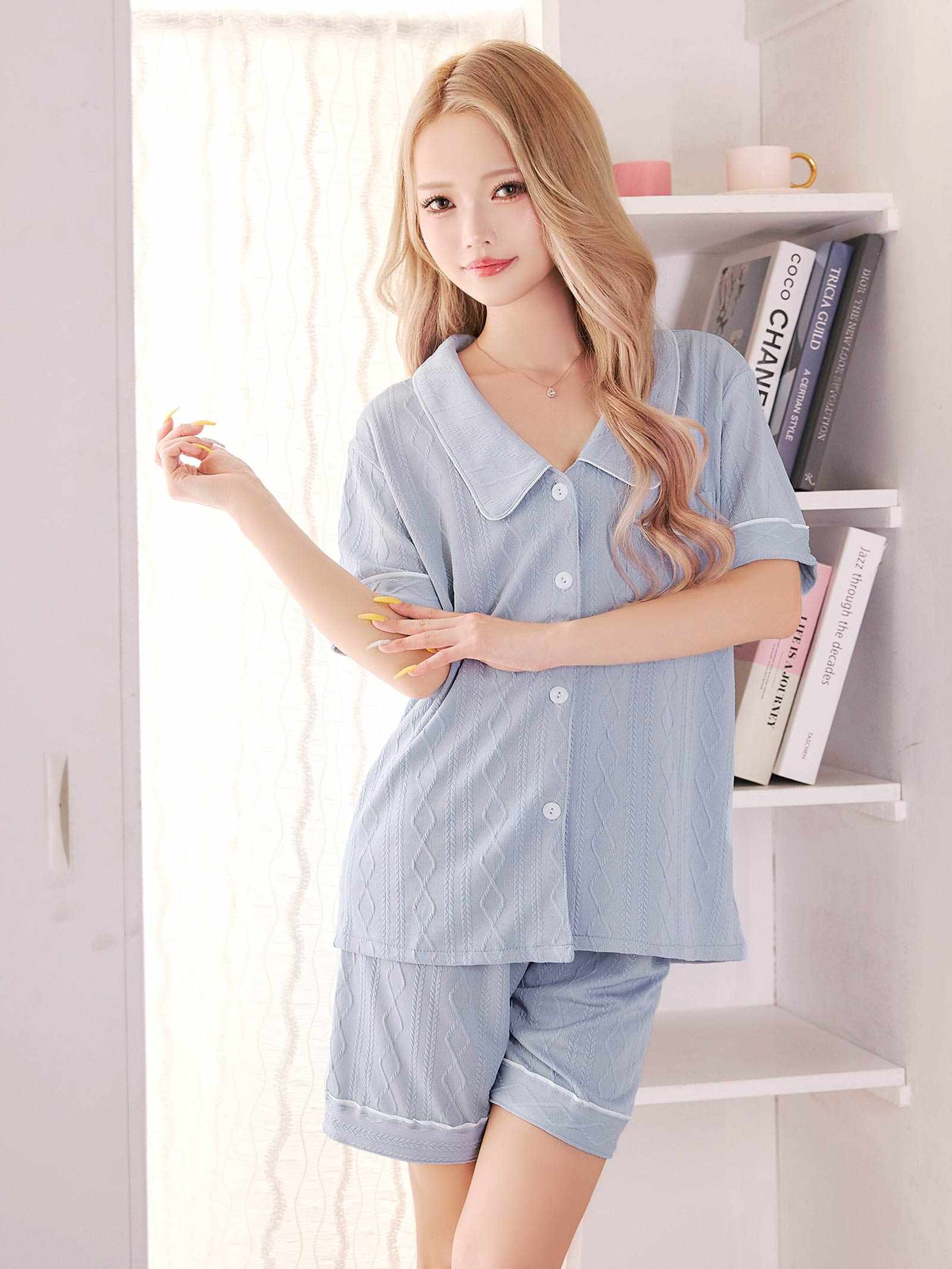 4/25新作!ケーブルパイピング半袖トップス&ショートパンツルームウェア