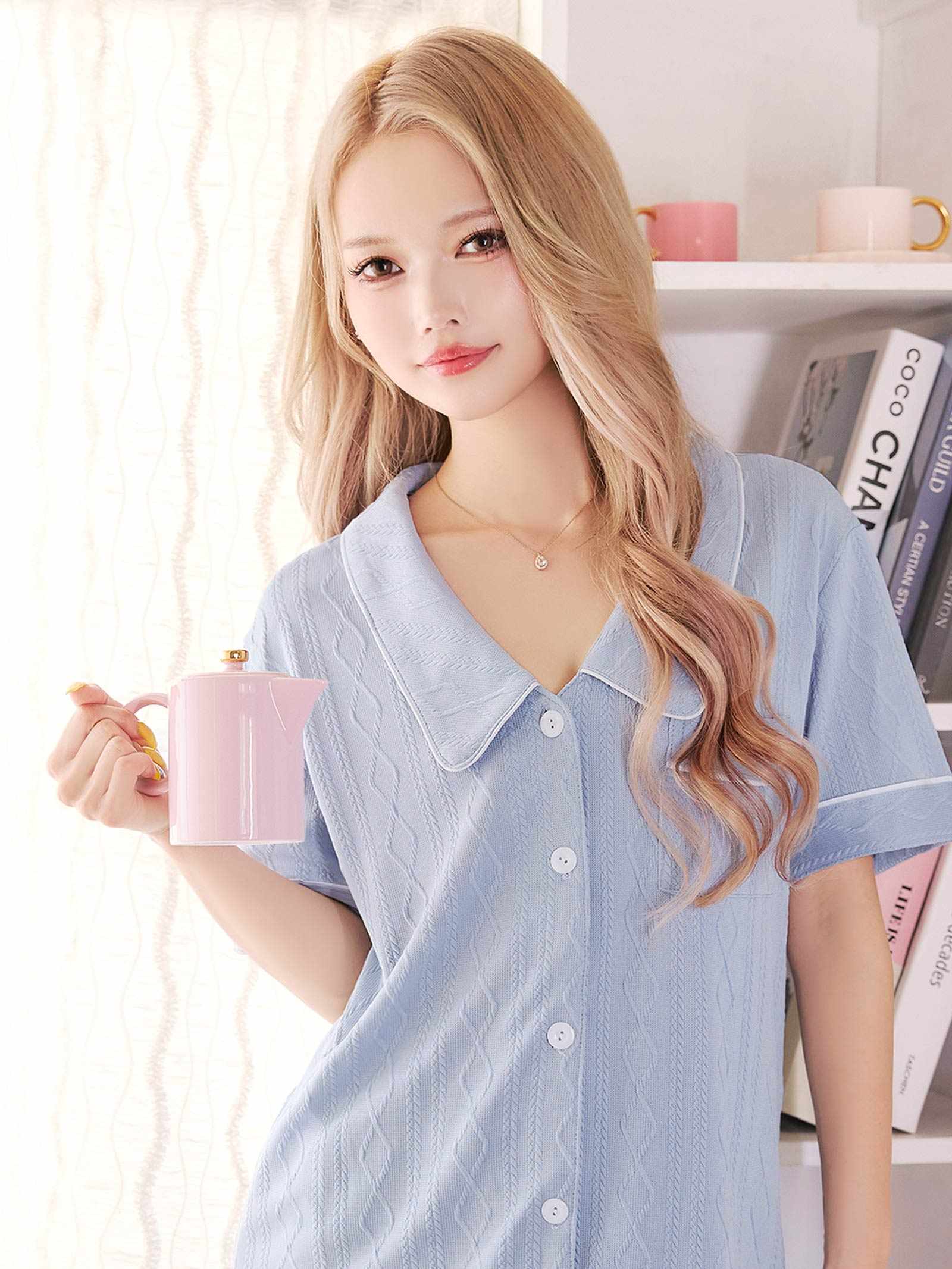 4/25新作!ケーブルパイピング半袖トップス&ショートパンツルームウェア