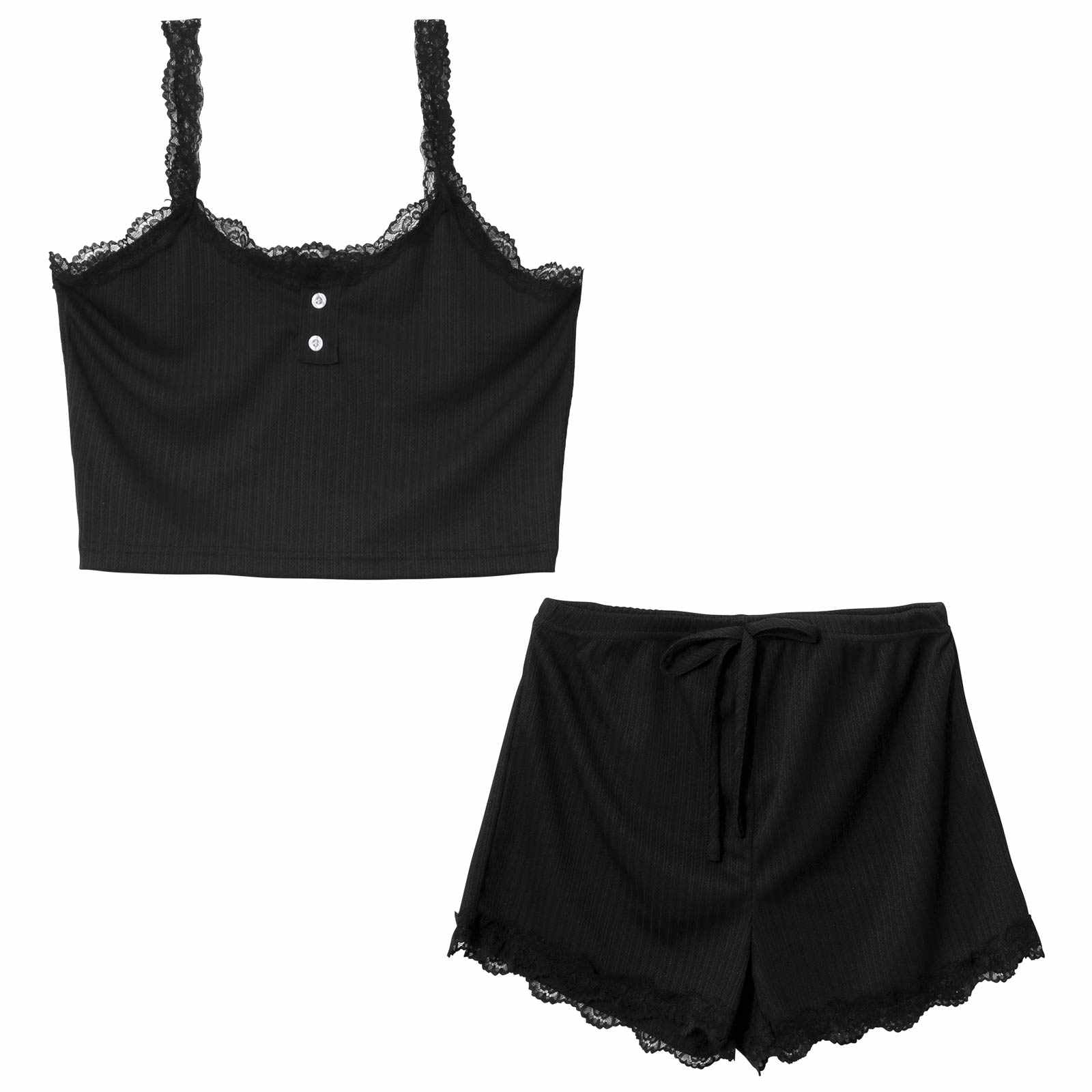 フロントボタンレースキャミ&ショートパンツルームウェア
