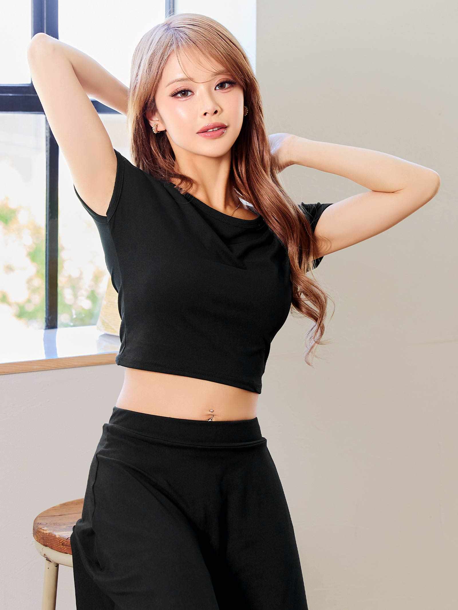 6/16新作!クロップド半袖トップス&フレアロングスカートセットアップ