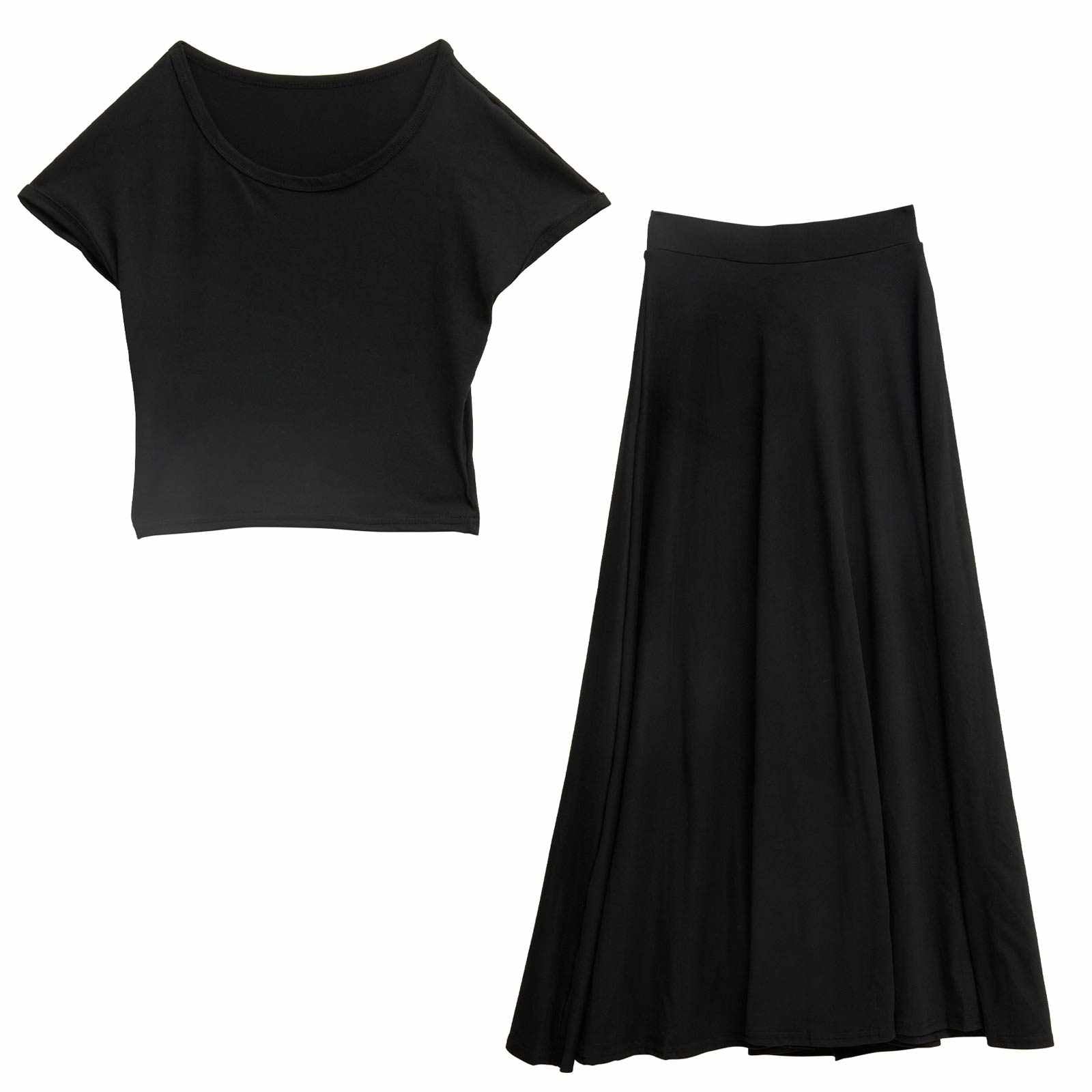 クロップド半袖トップス&フレアロングスカートセットアップ