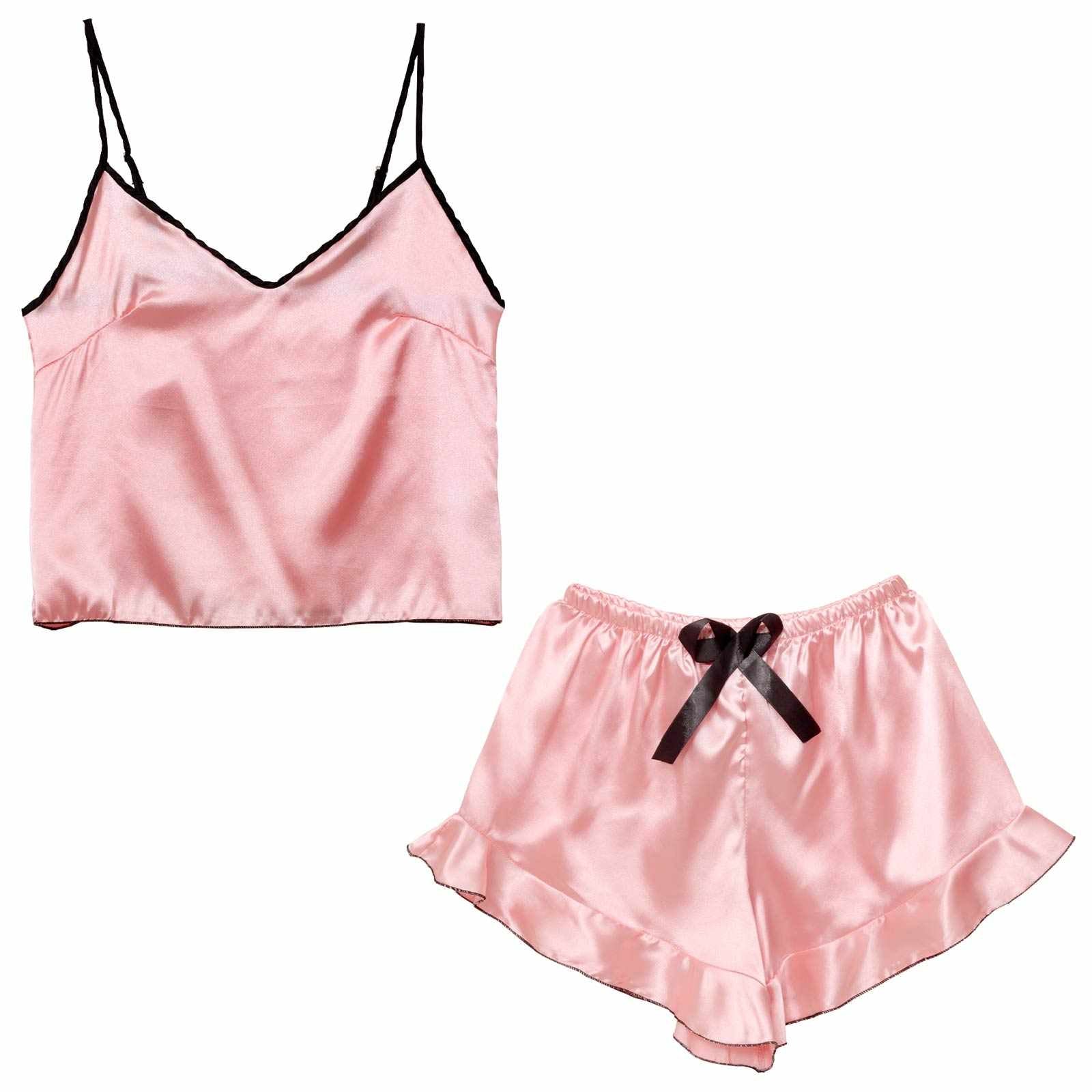 パイピングフリルサテンキャミソール&ショートパンツルームウェア