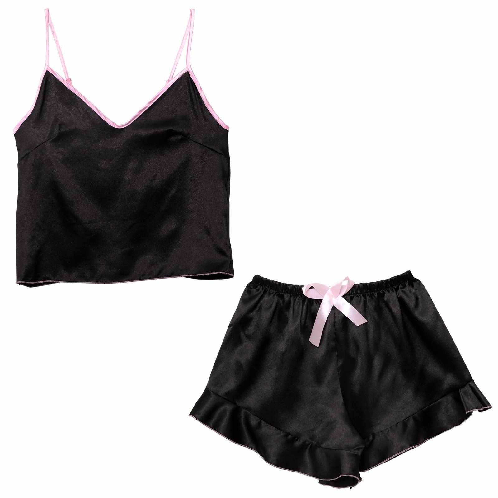 パイピングフリルサテンキャミソール&ショートパンツルームウェア