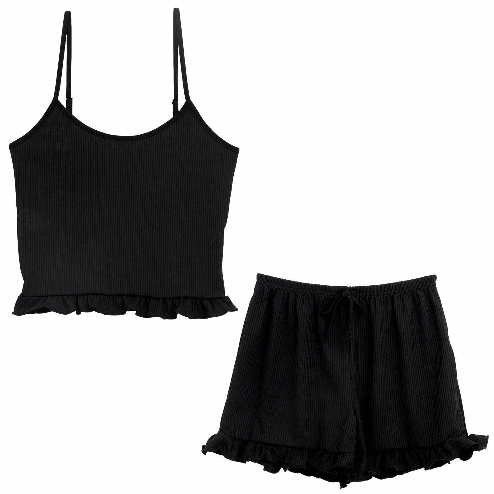 シンプルリブフリルキャミソール&ショートパンツルームウェア