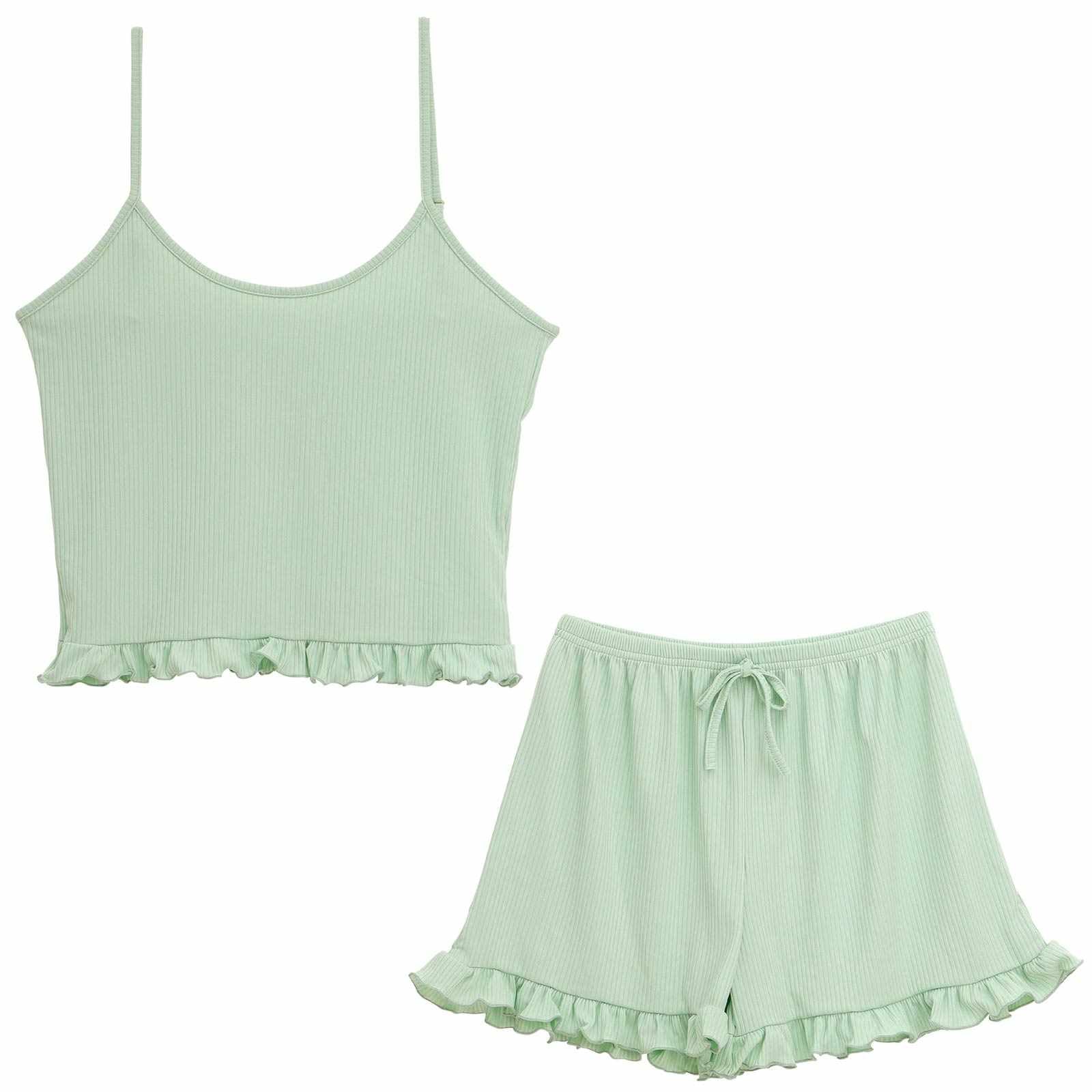 シンプルリブフリルキャミソール&ショートパンツルームウェア