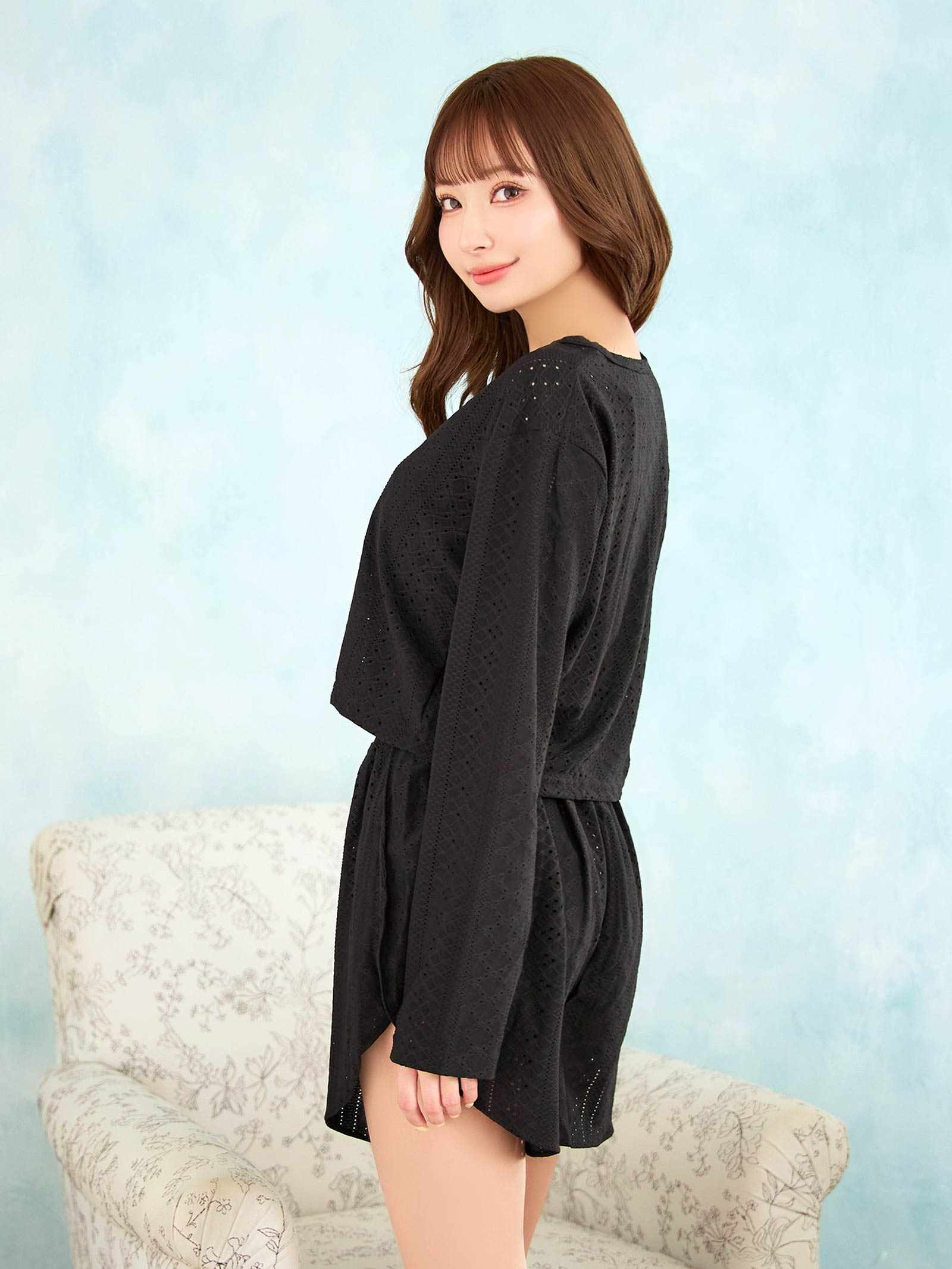 9/19新作!ワンカラーケーブルメッシュクロップド丈スウェットトップス&ショートパンツルームウェア