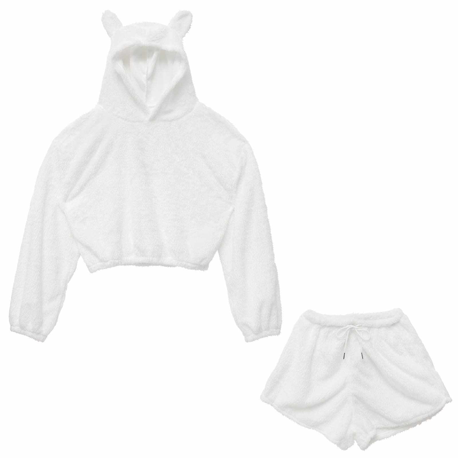 クマ耳モコモコフーディートップス&ショートパンツルームウェア