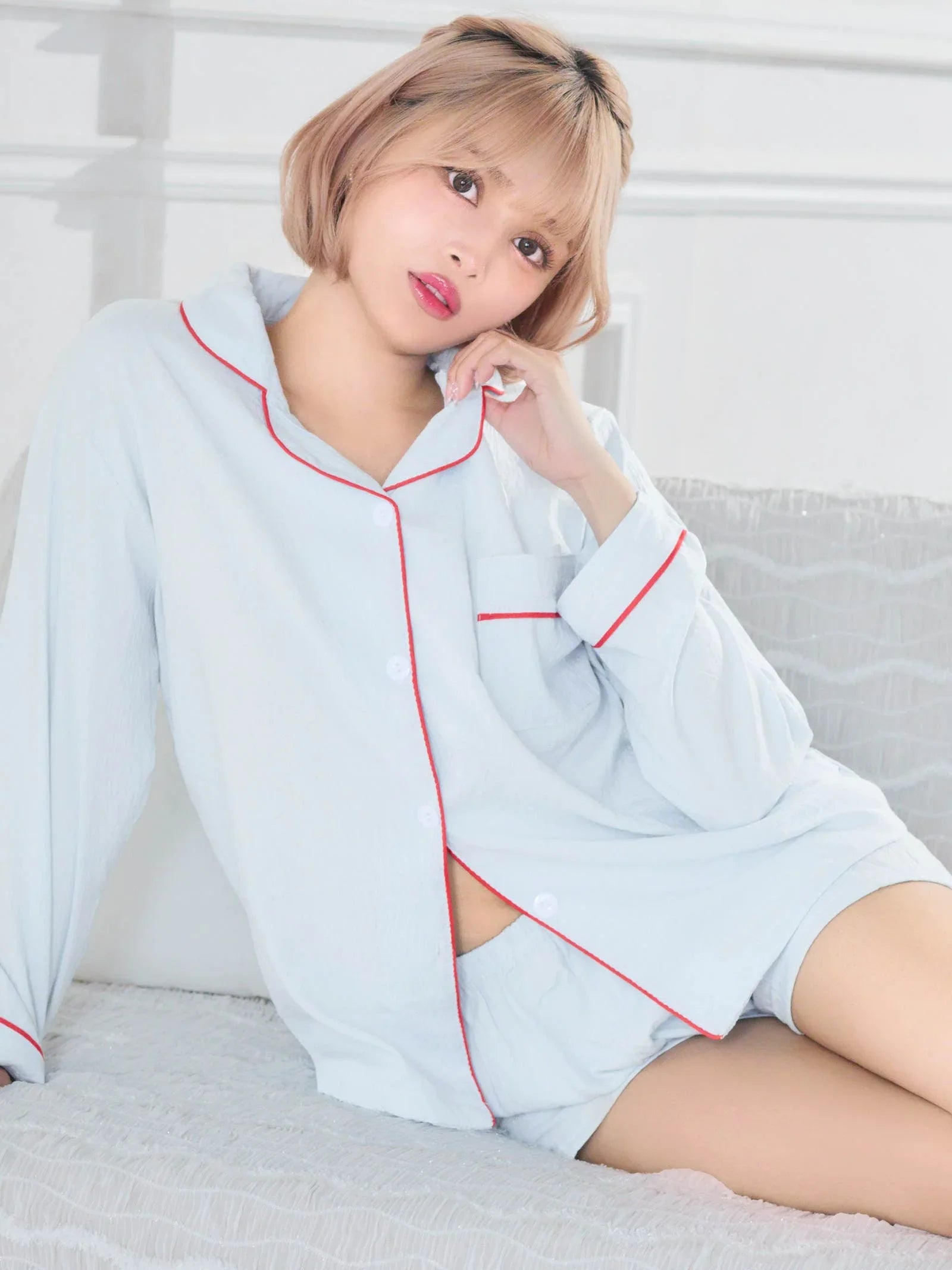 10/20新作!バイカラーパイピングシャツトップス&ショートパンツルームウェア