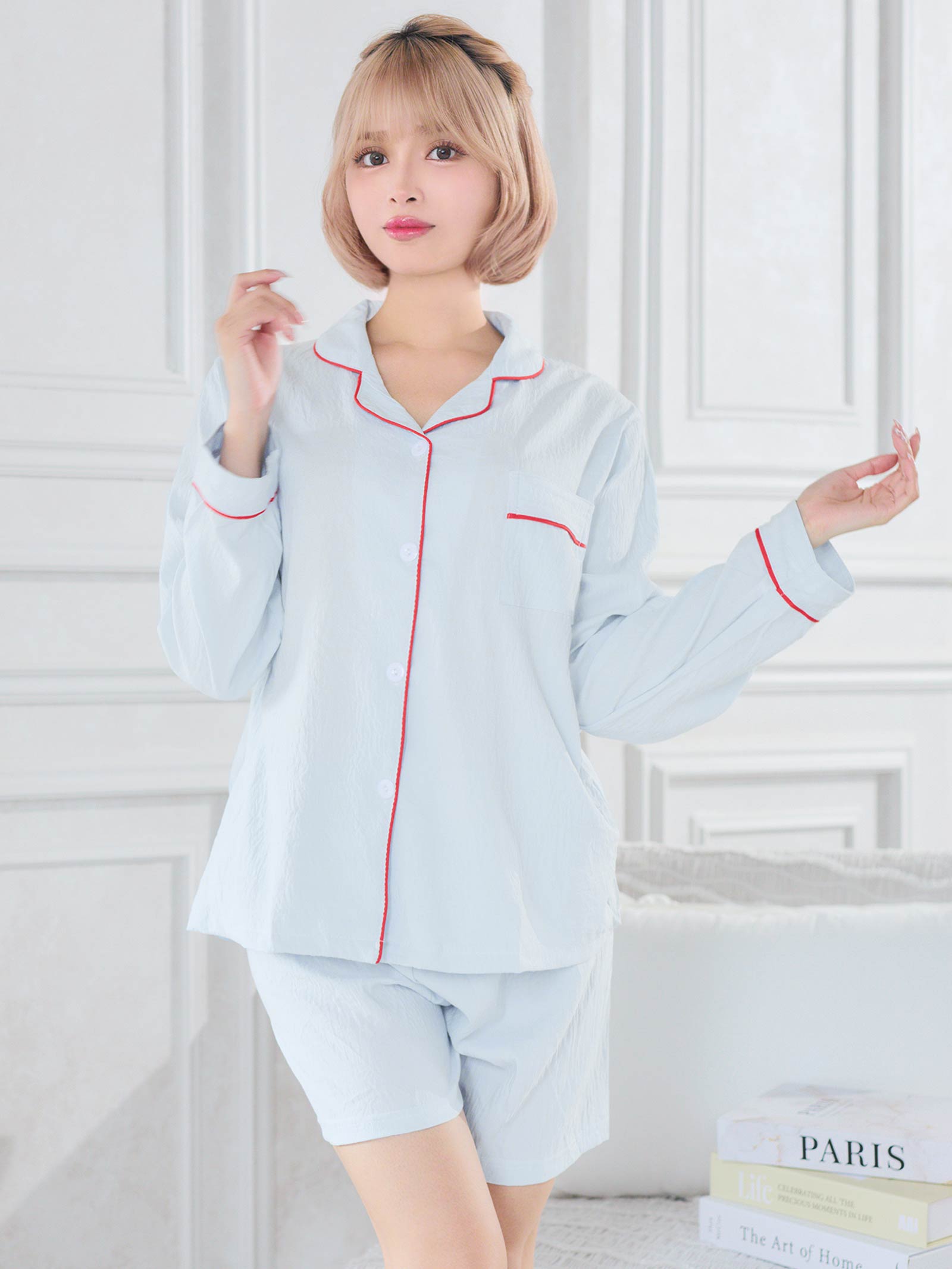 10/20新作!バイカラーパイピングシャツトップス&ショートパンツルームウェア