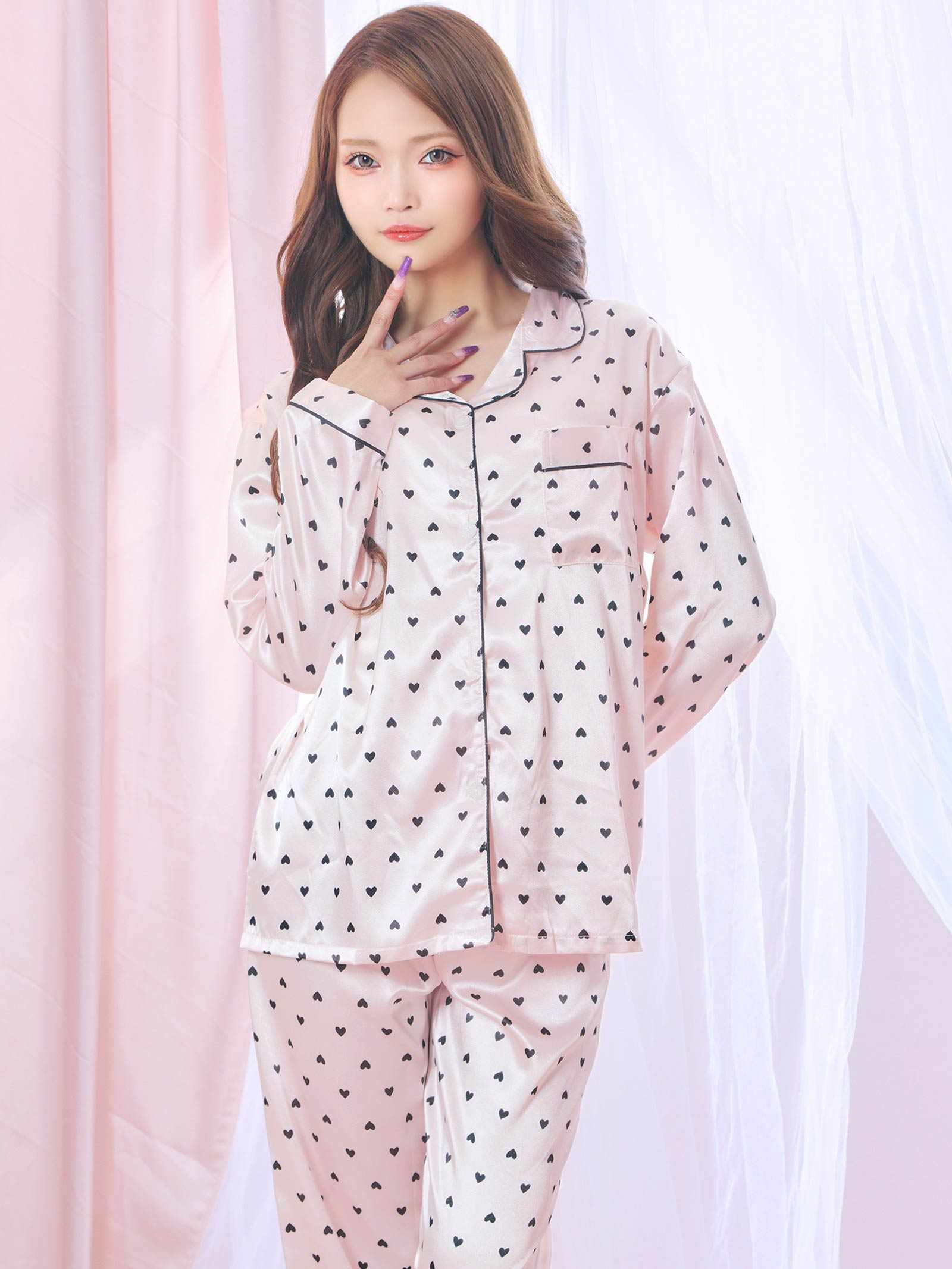 12/1新作!ガーリーハートサテントップス&ロングパンツルームウェア