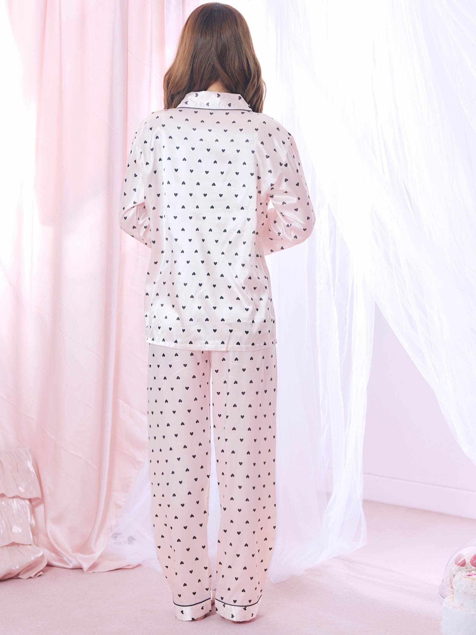 12/1新作!ガーリーハートサテントップス&ロングパンツルームウェア