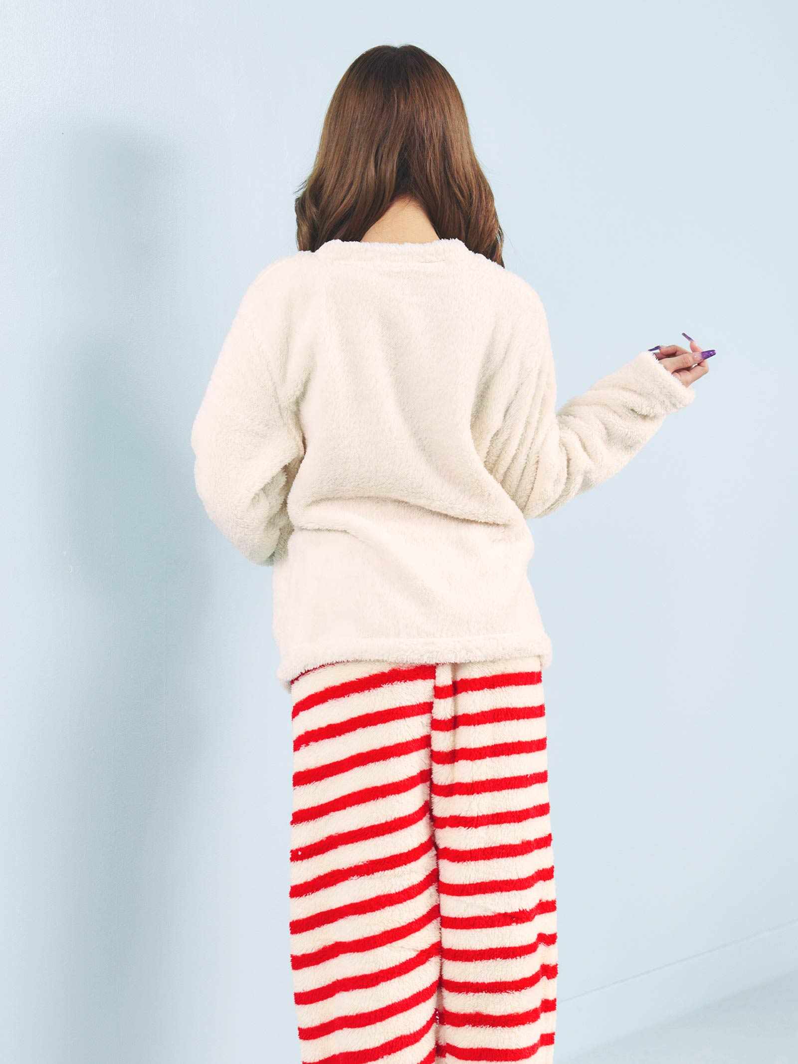 12/1新作!キャンディリボンボーダーもこもこトップス&ロングパンツルームウェア