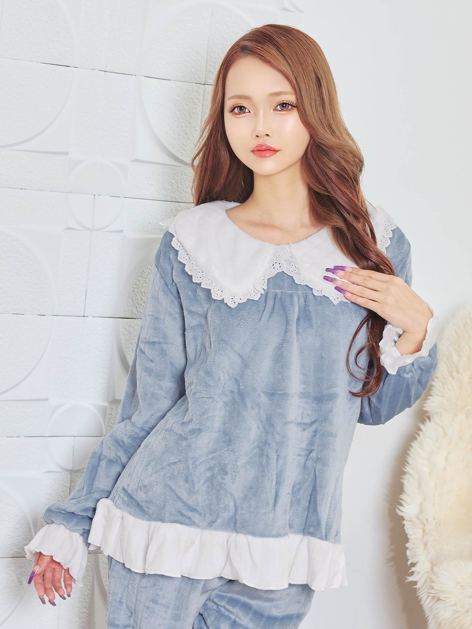 12/3新作!ビッグカラーフリルもこもこトップス&ロングパンツルームウェア