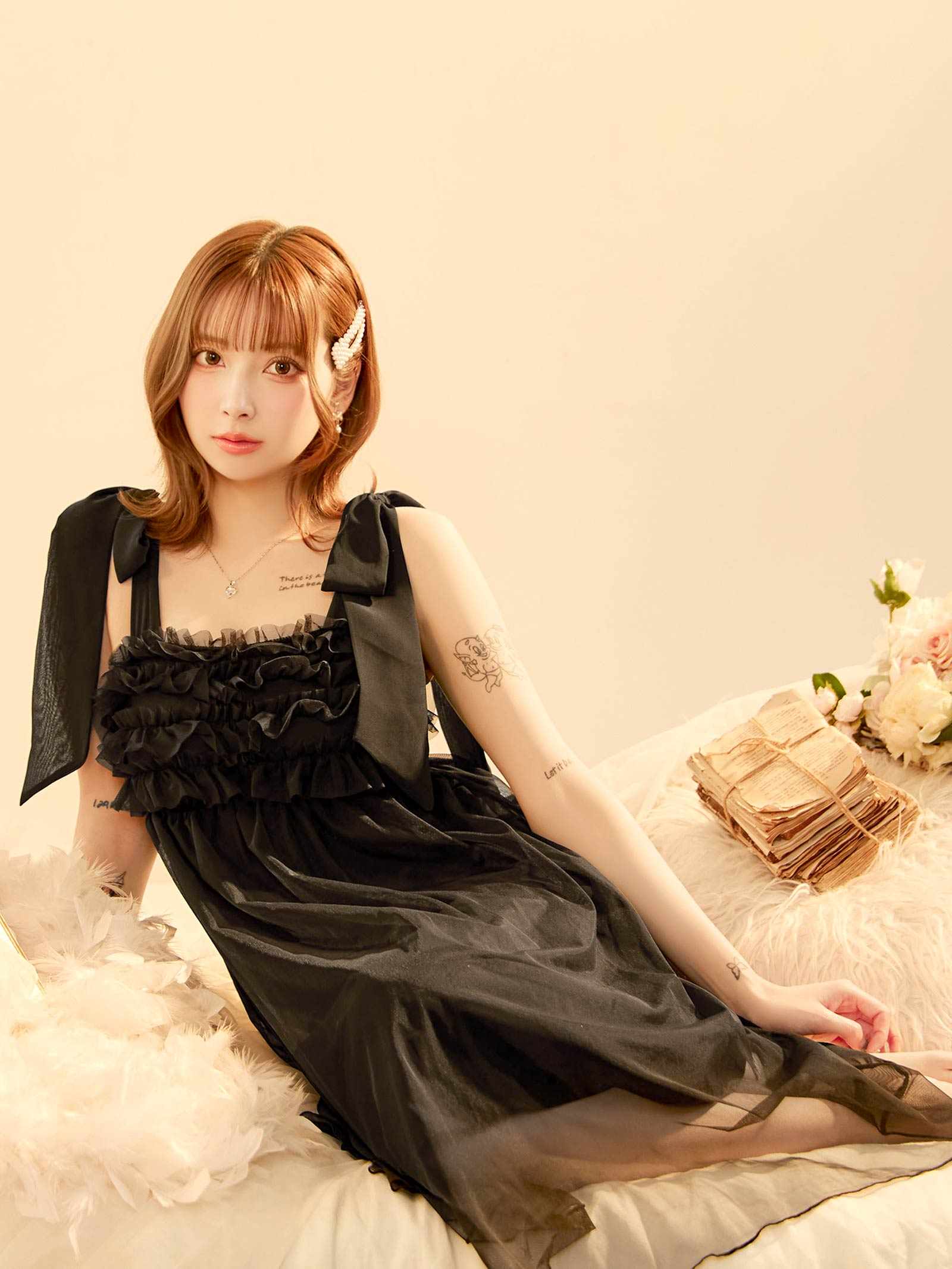 8/25新作!フリルチュールリボンナイトブラワンピースルームウェア