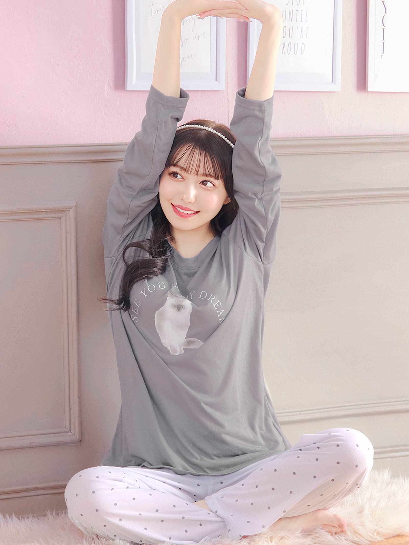 3/20新作!キャットモチーフ長袖トップス&ドットロングパンツルームウェア