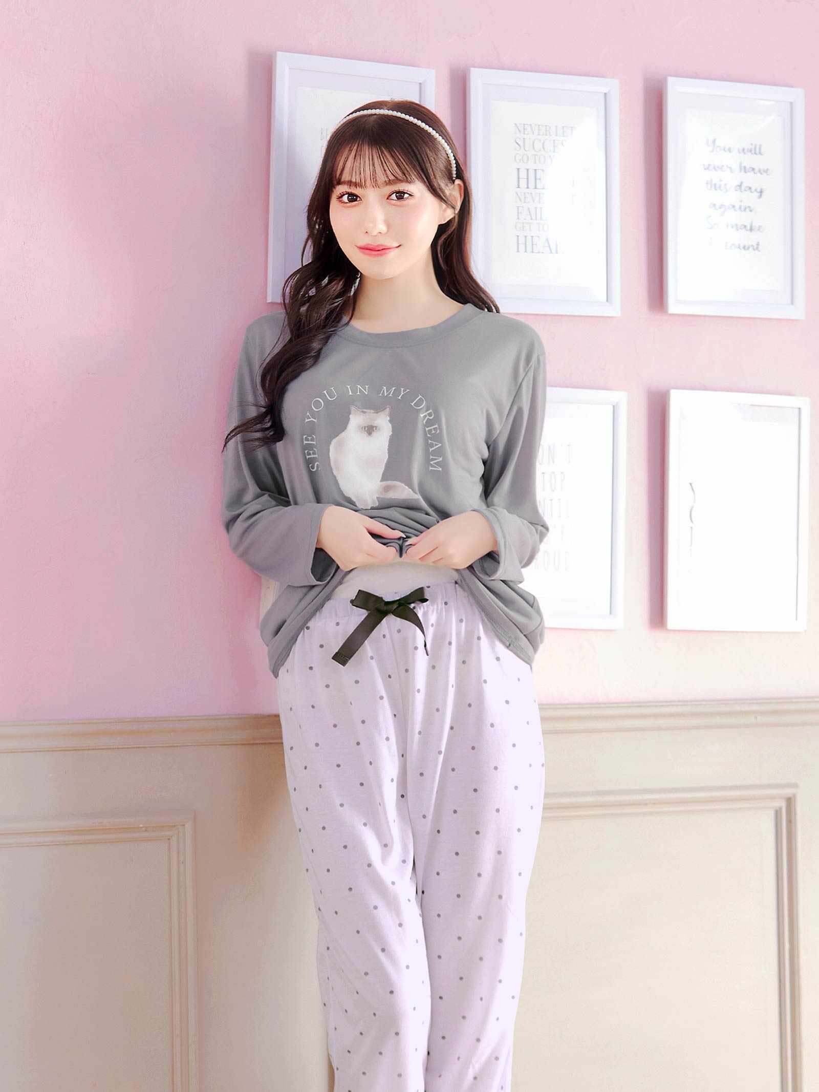 3/20新作!キャットモチーフ長袖トップス&ドットロングパンツルームウェア