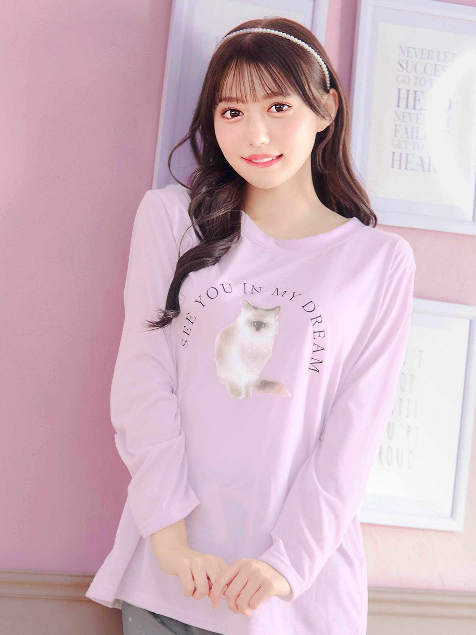 3/20新作!キャットモチーフ長袖トップス&ドットロングパンツルームウェア