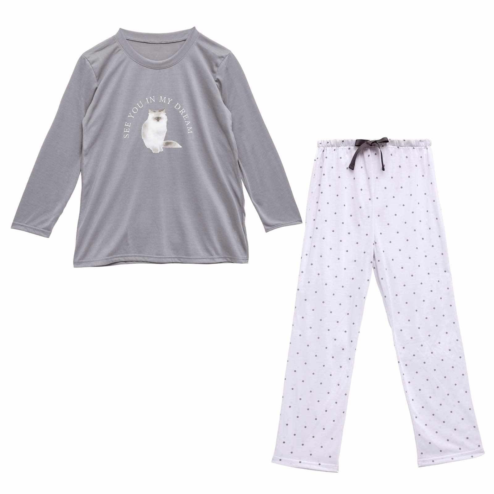 3/20新作!キャットモチーフ長袖トップス&ドットロングパンツルームウェア