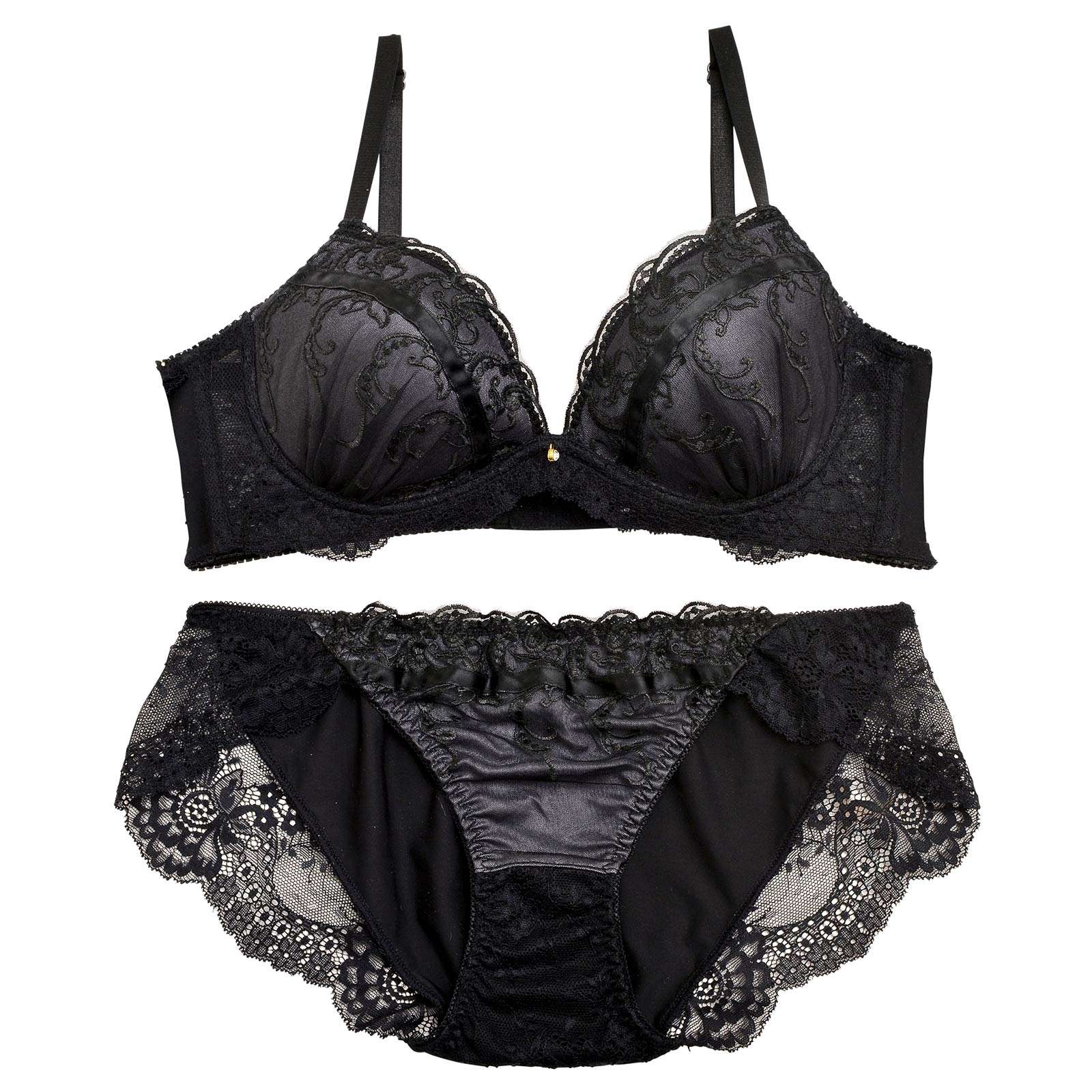 11/27再販!【ノンワイヤー】クラシカルラインレース育乳脇高ブラジャー&フルバックショーツ