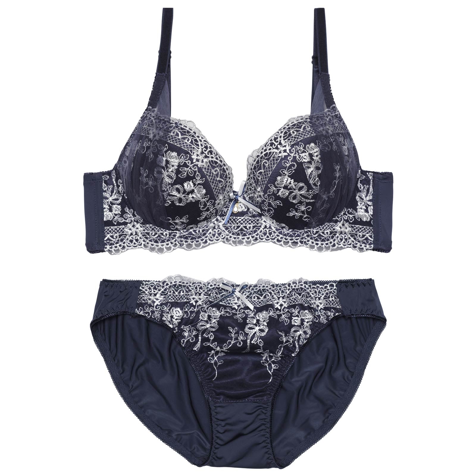 【ノンワイヤー】クラシカルリボンブーケ育乳脇高ブラジャー&フルバックショーツ