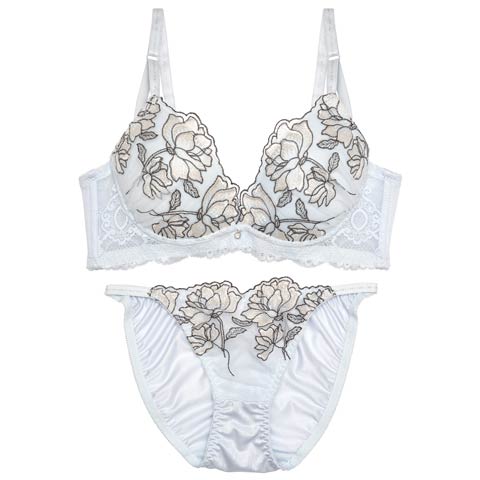 【ノンワイヤー】ロージーチュールレース育乳脇高ブラジャー&フルバックショーツ