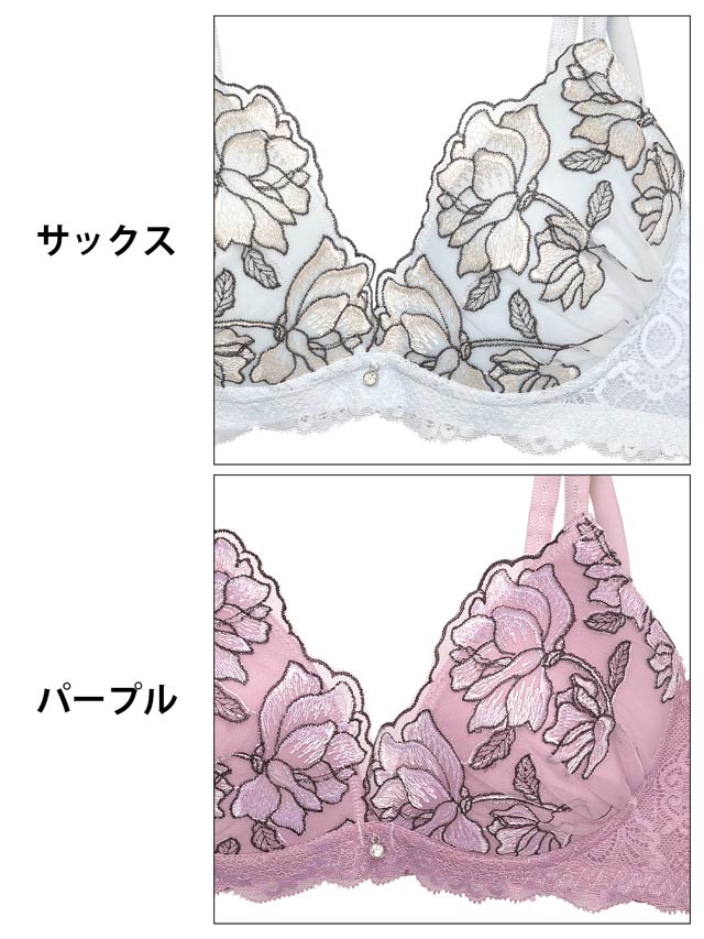 【ノンワイヤー】ロージーチュールレース育乳脇高ブラジャー&フルバックショーツ