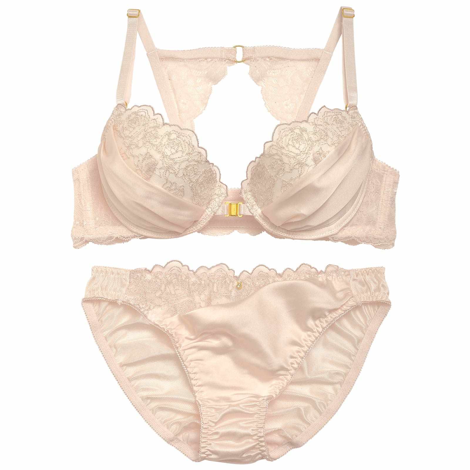 シアーローズレースフロントホックブラジャー&フルバックショーツ