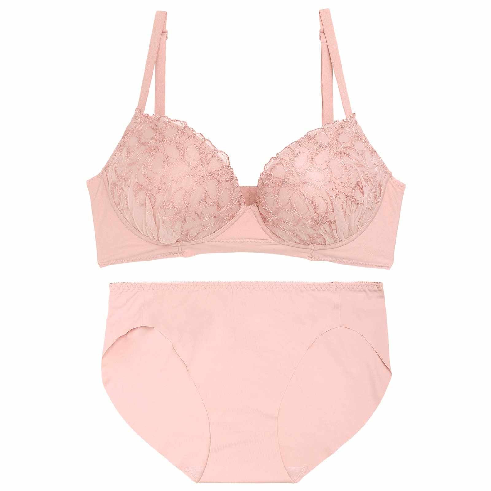 【ノンワイヤー】ダスティブルームチュールレースブラジャー&フルバックショーツ