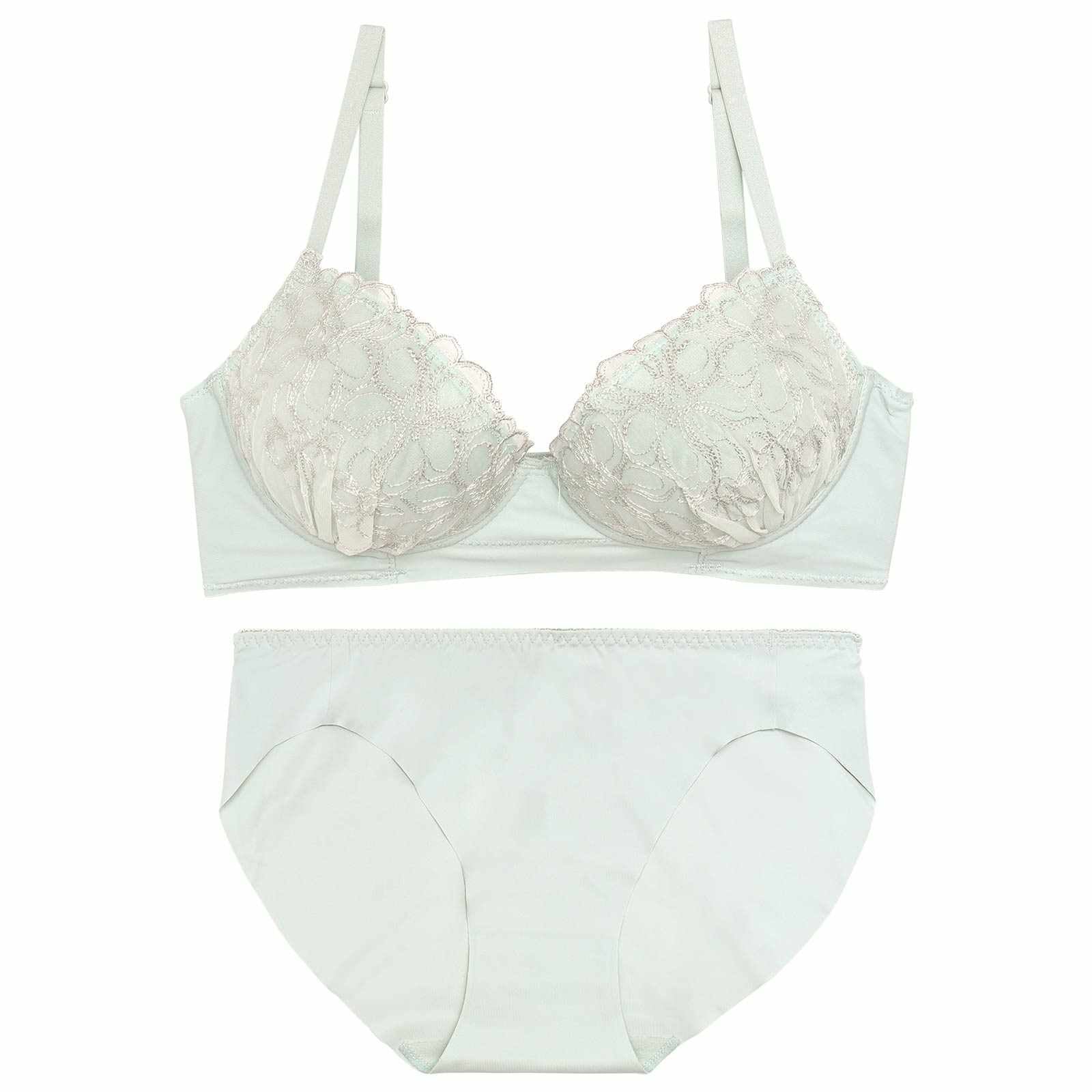 【ノンワイヤー】ダスティブルームチュールレースブラジャー&フルバックショーツ