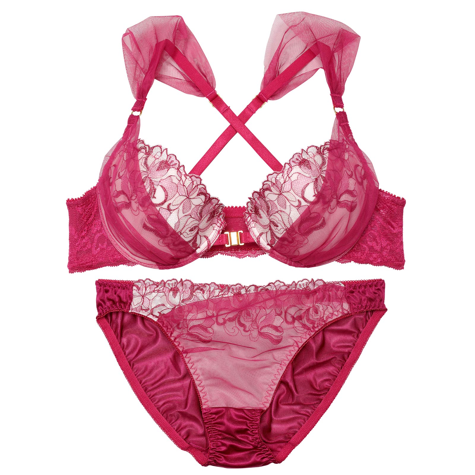 ブルーミングチュールフロントホックブラジャー&フルバックショーツ