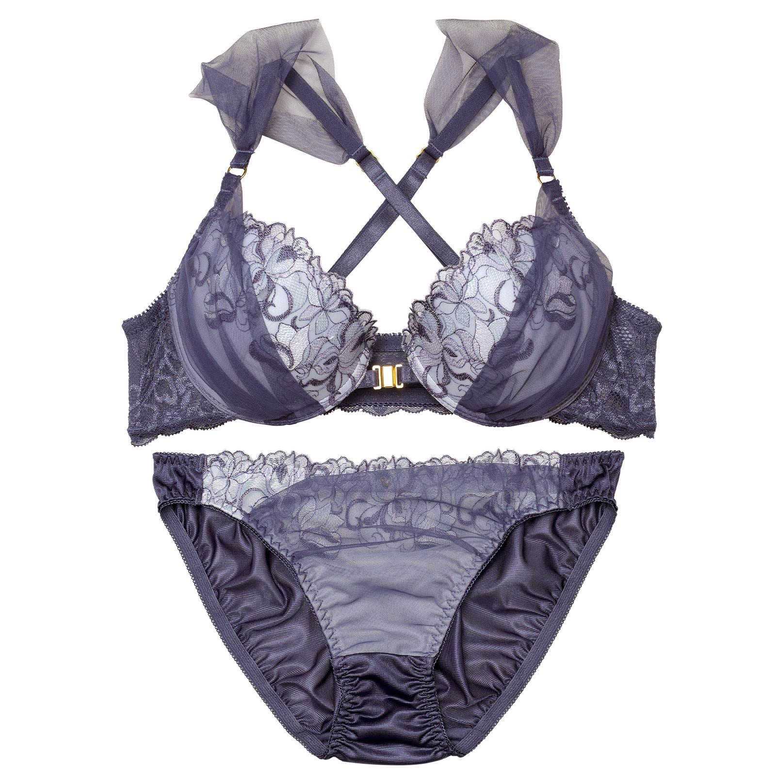ブルーミングチュールフロントホックブラジャー&フルバックショーツ