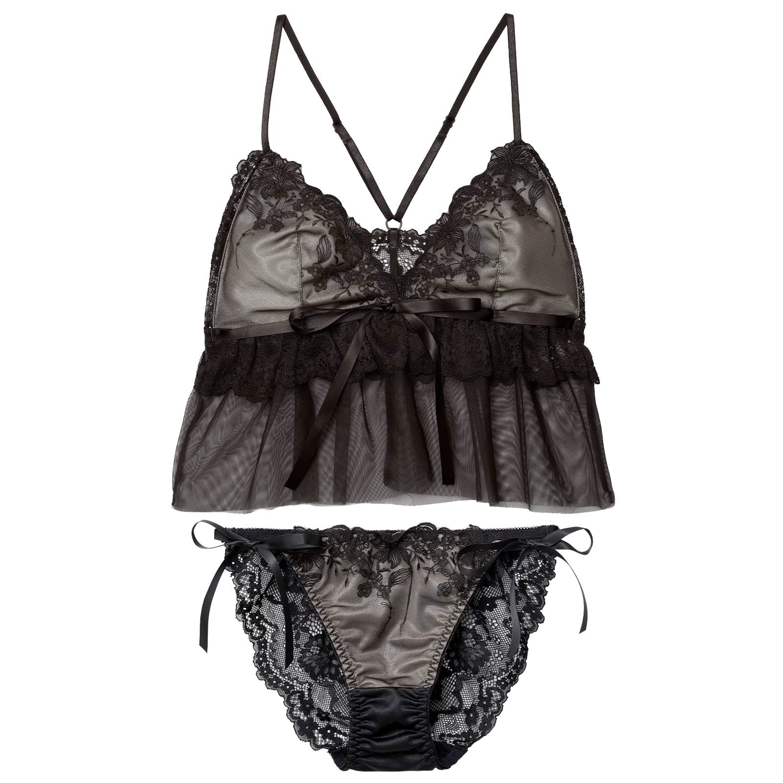 2/4新作!【ノンワイヤー】フェアリーフルールレーシィブラジャー&サイド紐バック透けフルバックショーツ