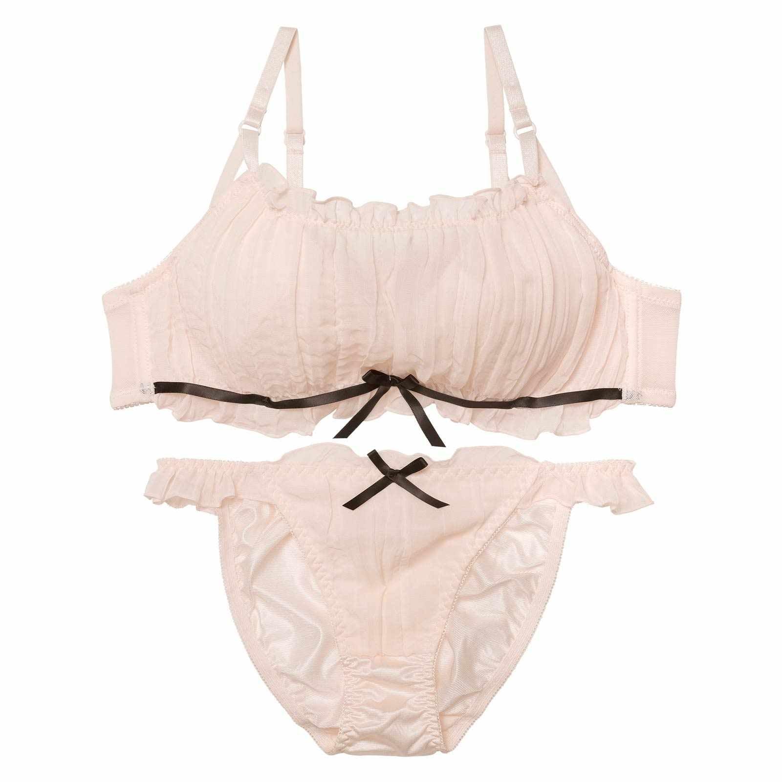 【EFサイズ】フラッフィーシフォンフリルブラジャー&フルバックショーツ