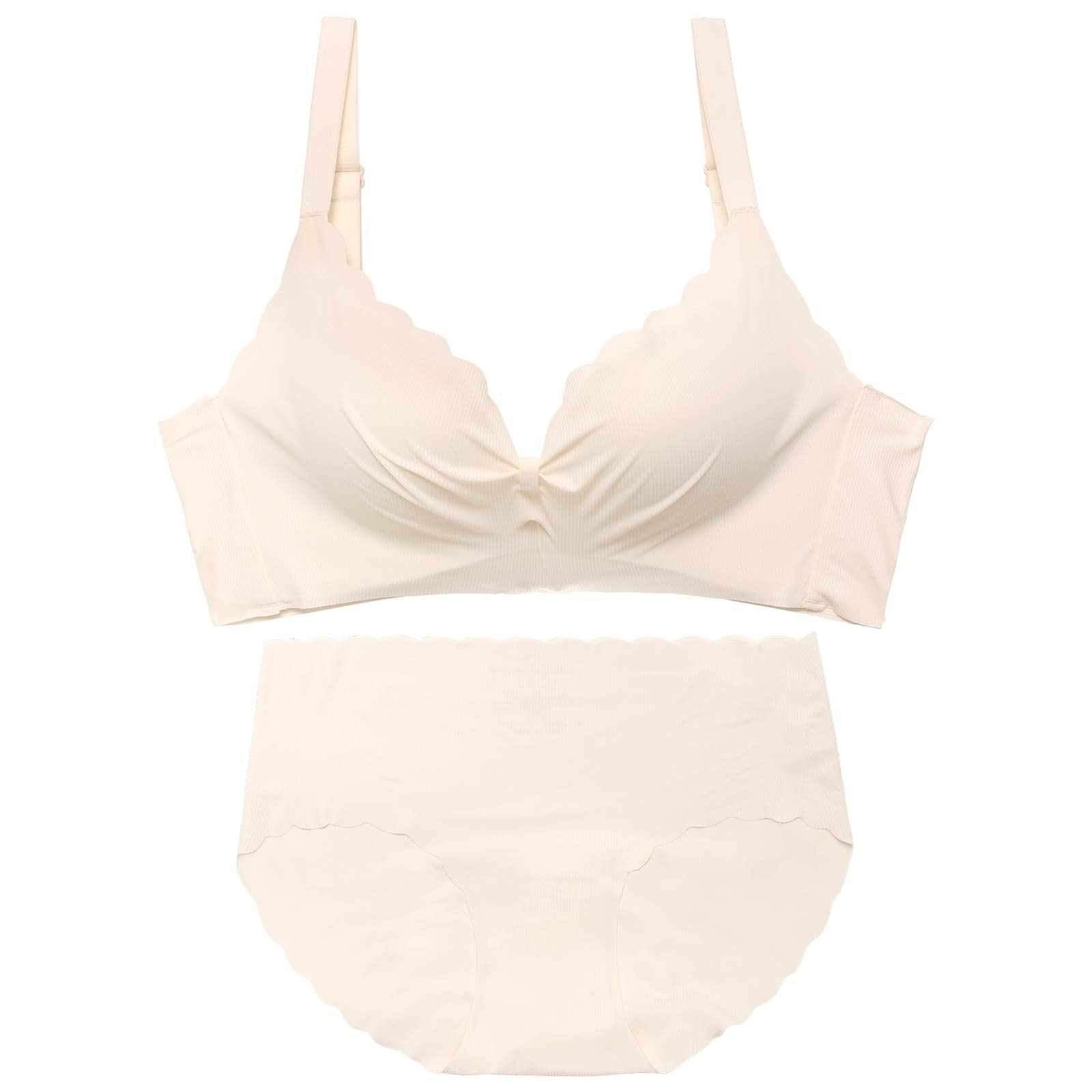 【ノンワイヤー】スカラップリボンシームレスブラジャー&フルバックショーツ