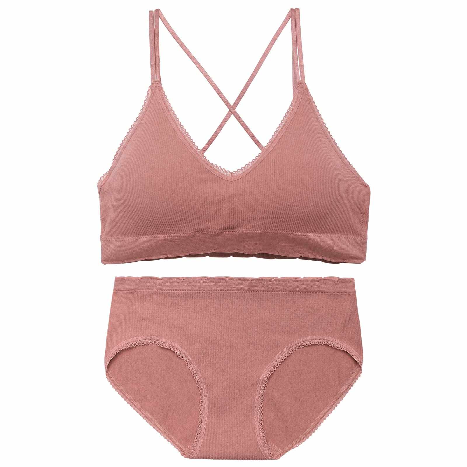 【ノンワイヤー】シンプルバッククロスリブブラジャー&フルバックショーツ