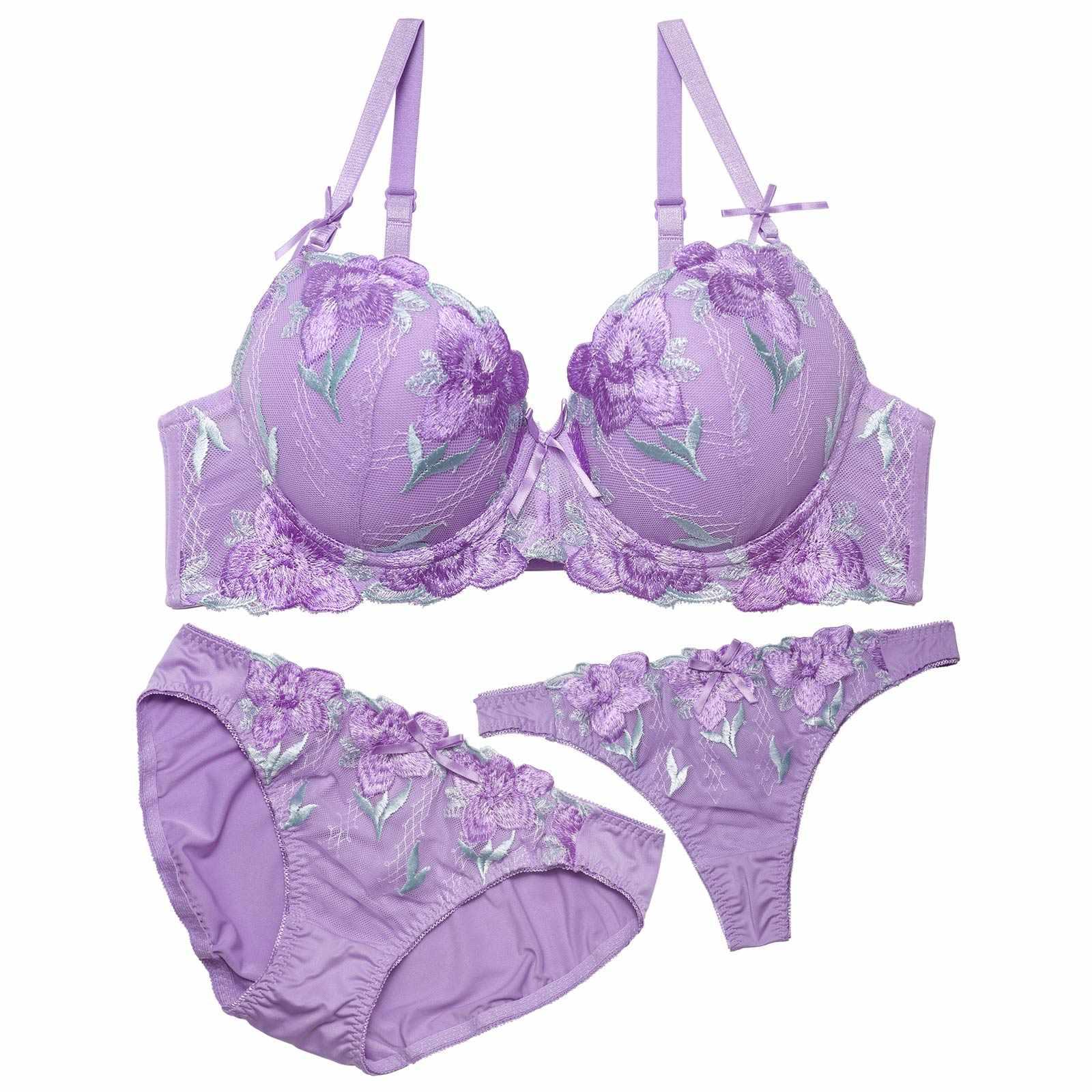 【3点セット】エレガント大輪花柄刺繍ブラジャー&フルバックショーツ&Tバックショーツ - 【公式】247Lingerie