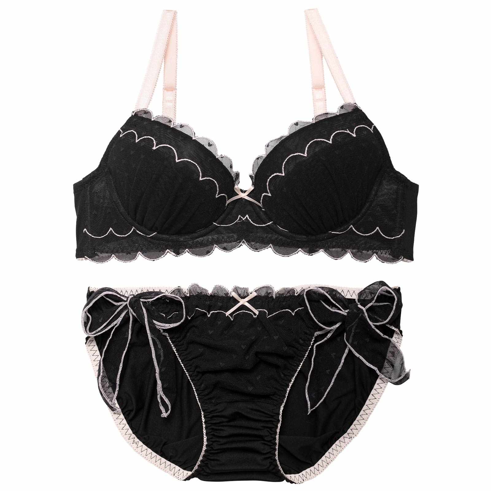 スカラップハートレーシィブラジャー&サイド紐フルバックショーツ