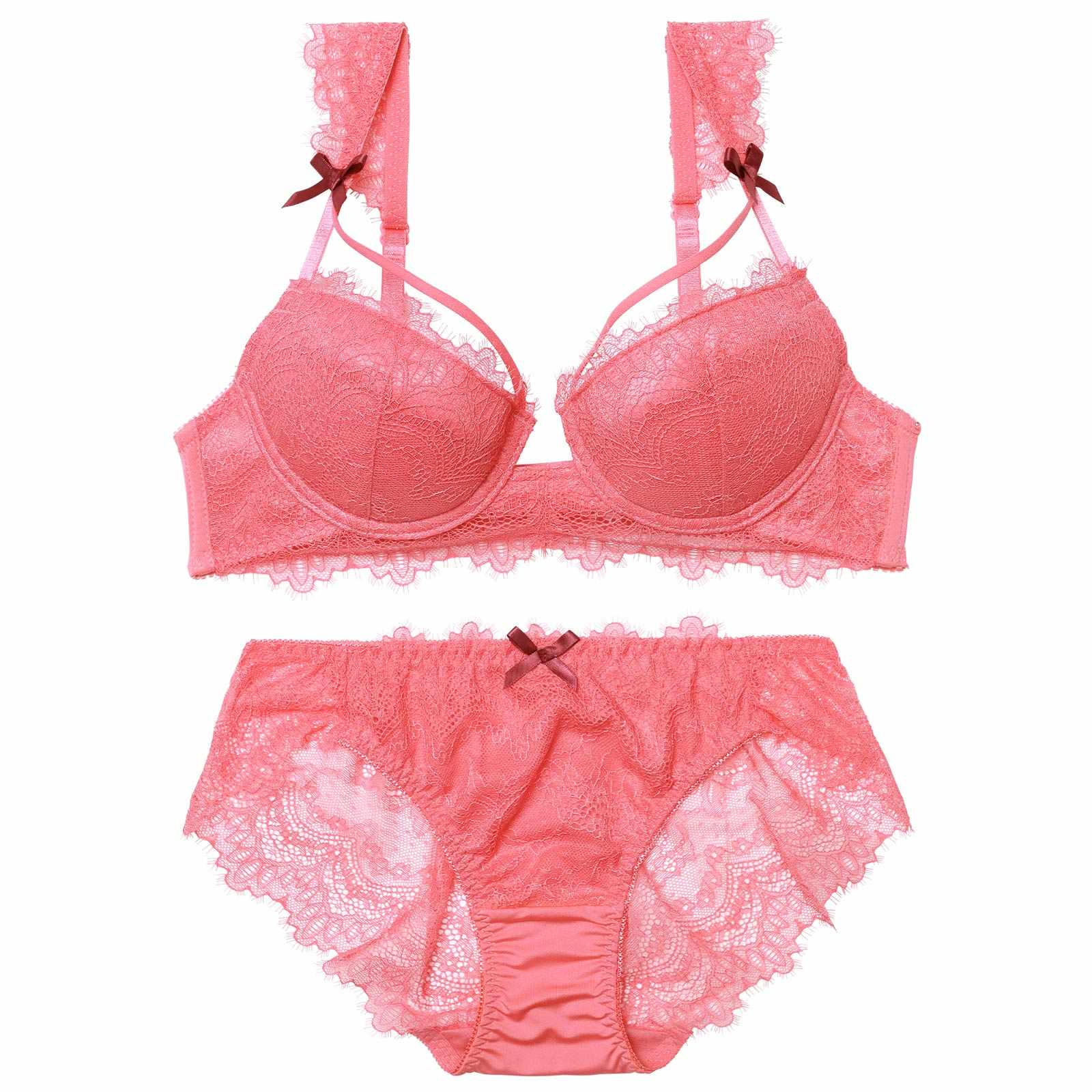 オールレーシィリボンコードブラジャー&バック透けフルバックショーツ