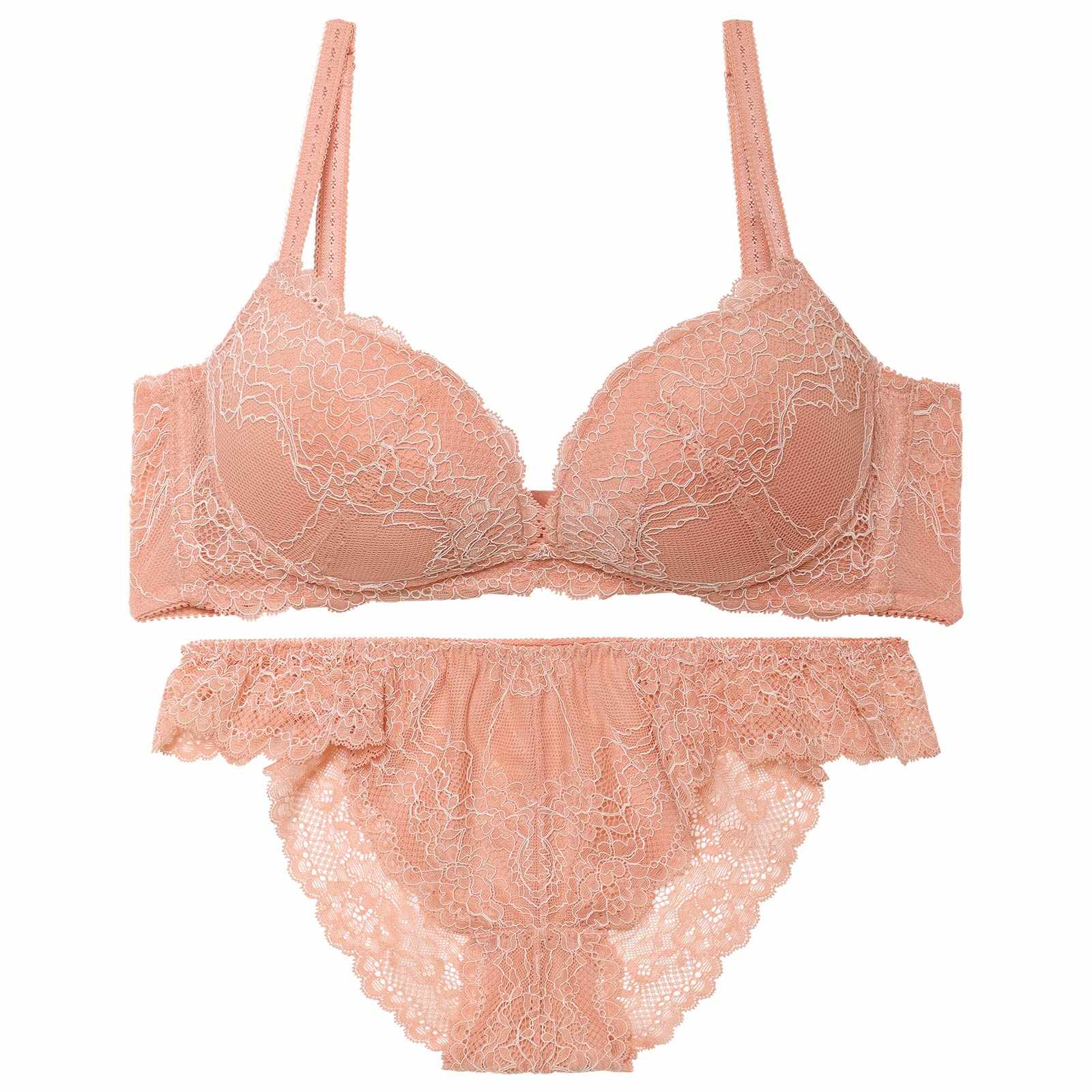 【ノンワイヤー】ヘブンリーフィットレース育乳脇高ブラジャー&バック透けフルバックショーツ