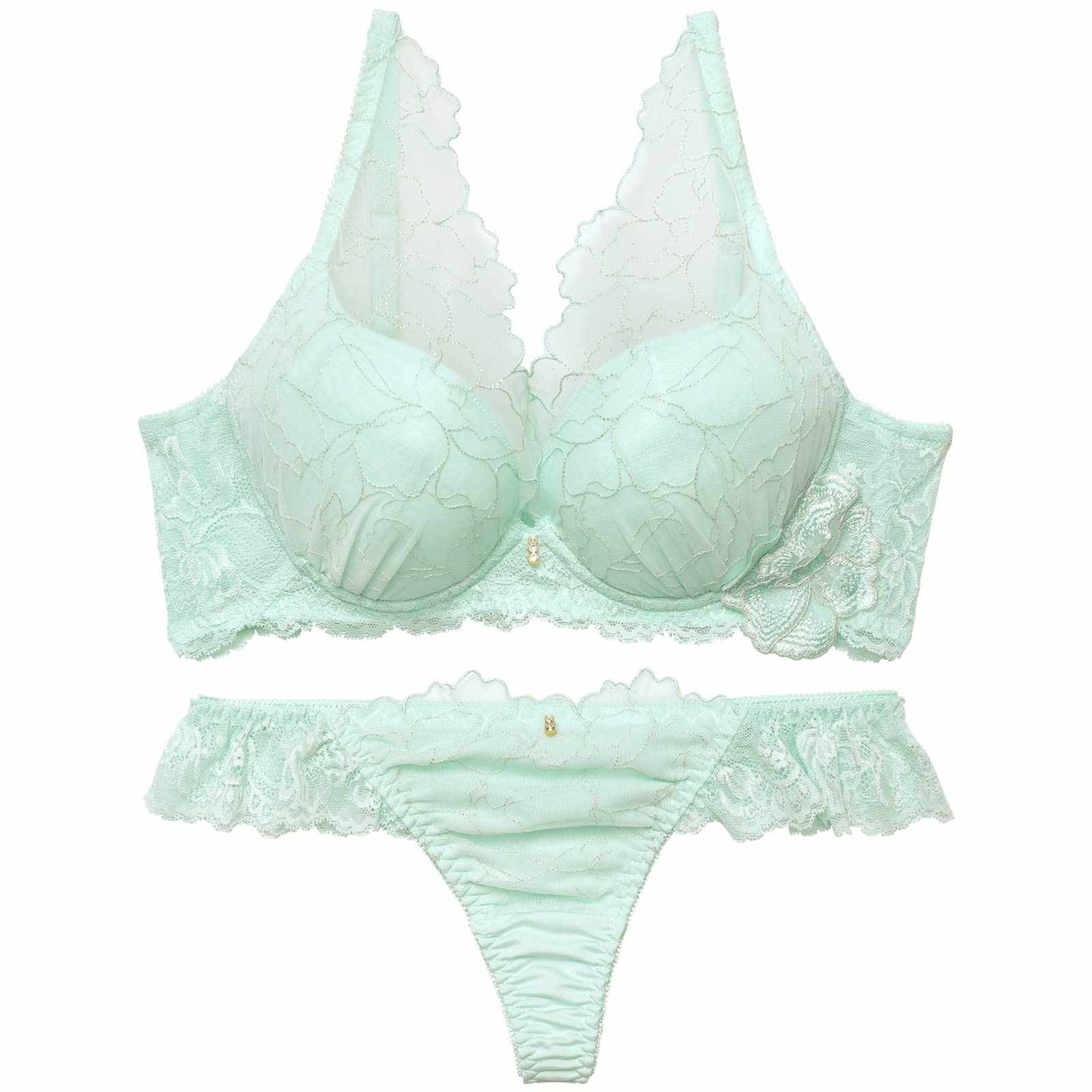 ラグジュアリーシャルムレース育乳脇高ブラジャー&バック透けTバックショーツ