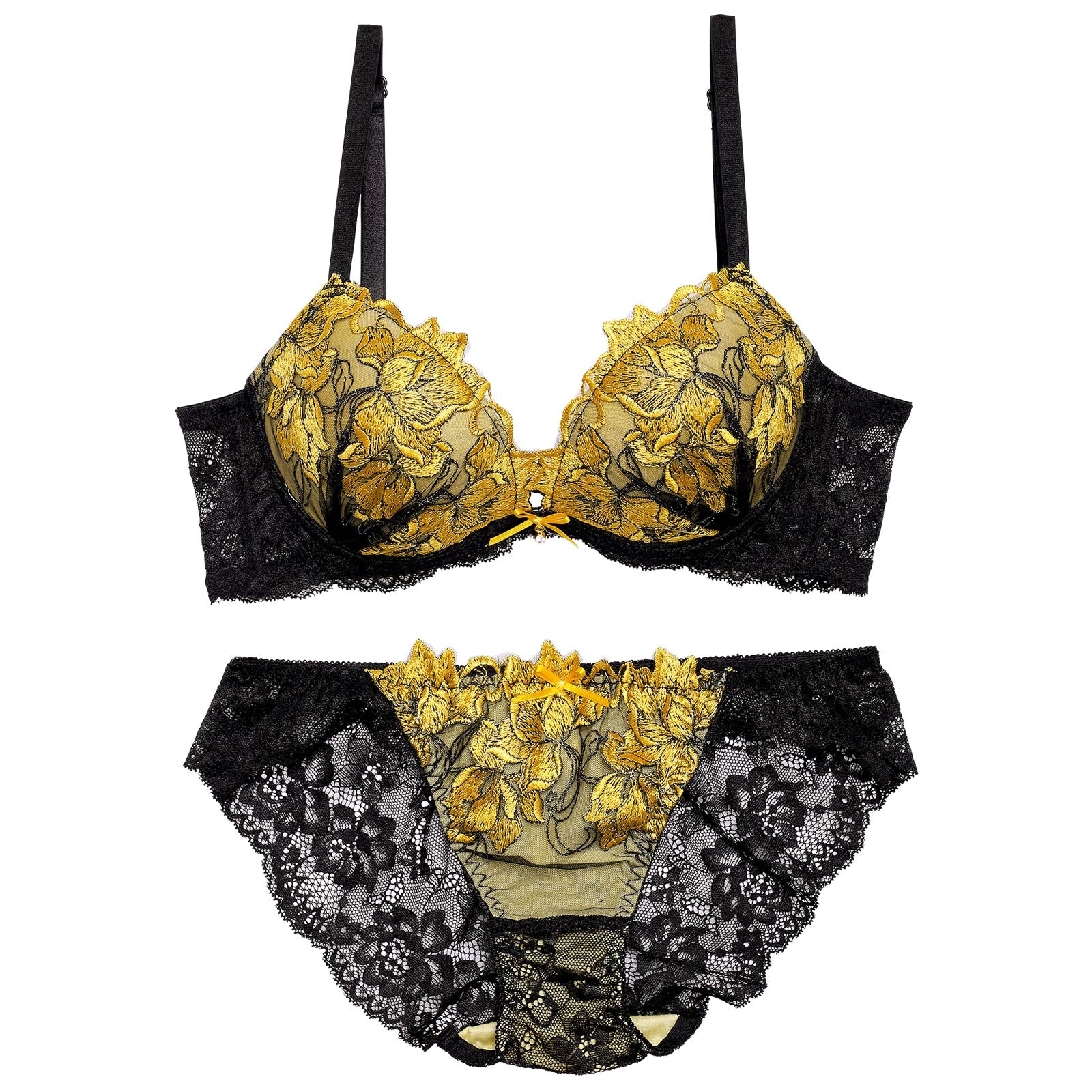 1/6再販!ビビットフルールエンブロイダリー育乳脇高ブラジャー&バック透けフルバックショーツ - 【公式】247Lingerie