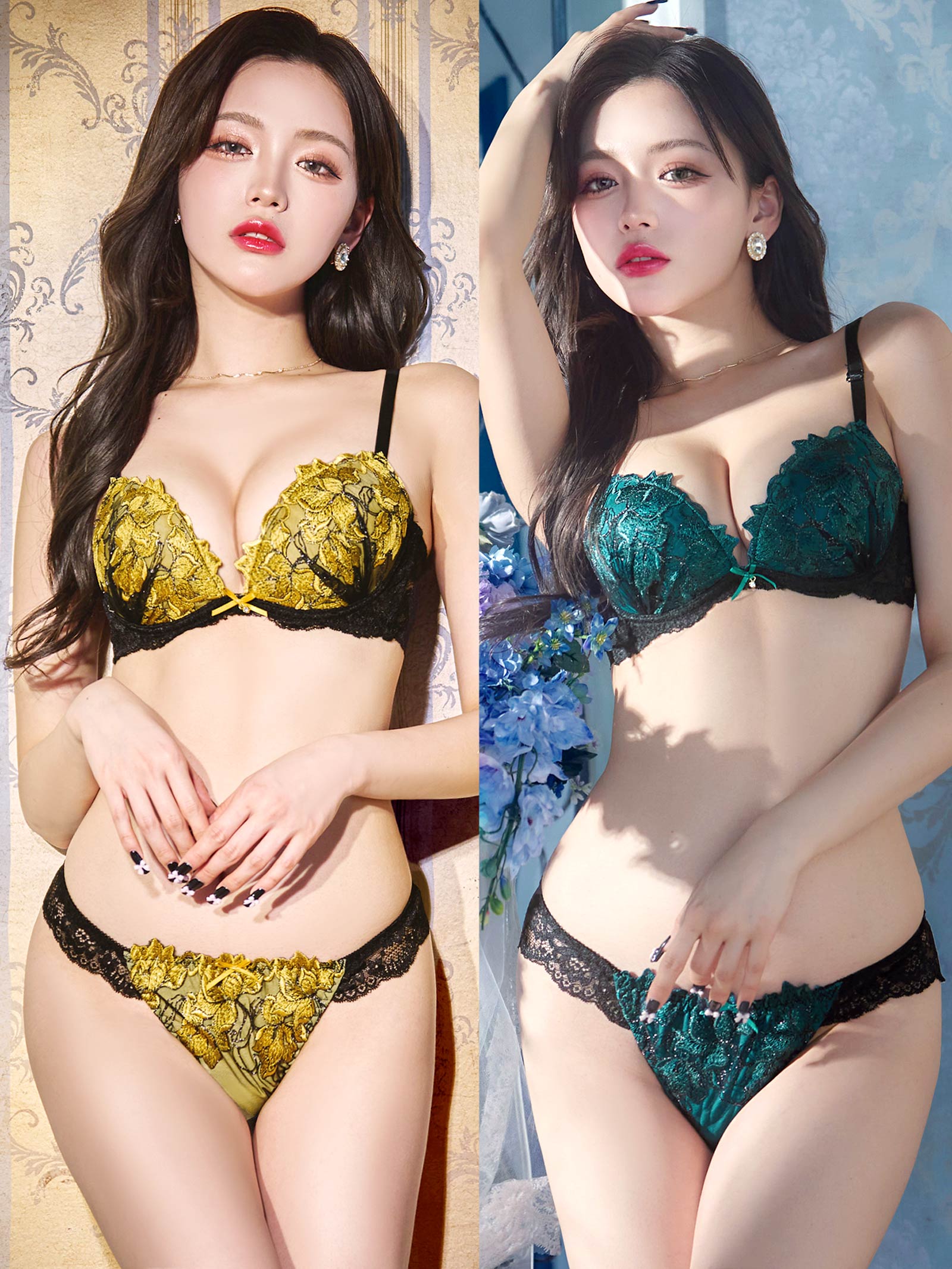 11/11再販!ビビットフルールエンブロイダリー育乳脇高ブラジャー&バック透けフルバックショーツ