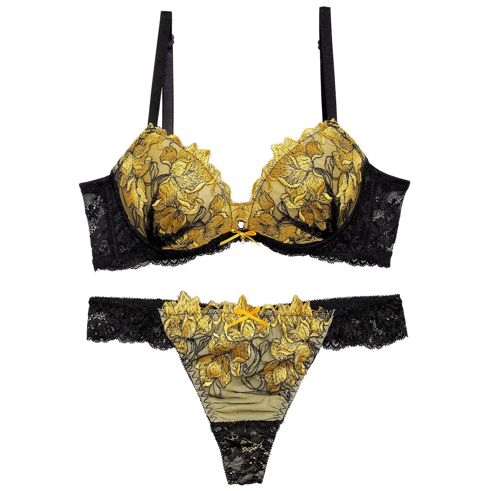 11/11再販!ビビットフルールエンブロイダリー育乳脇高ブラジャー&バック透けTバックショーツ