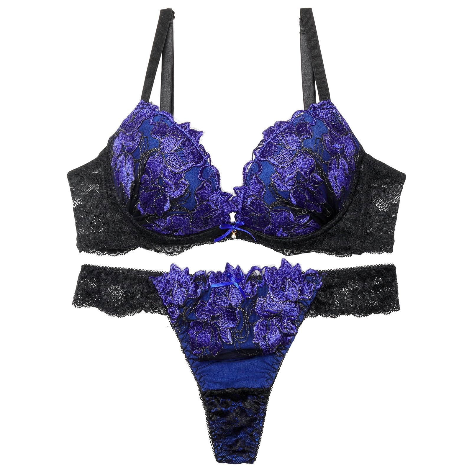 11/11再販!ビビットフルールエンブロイダリー育乳脇高ブラジャー&バック透けTバックショーツ