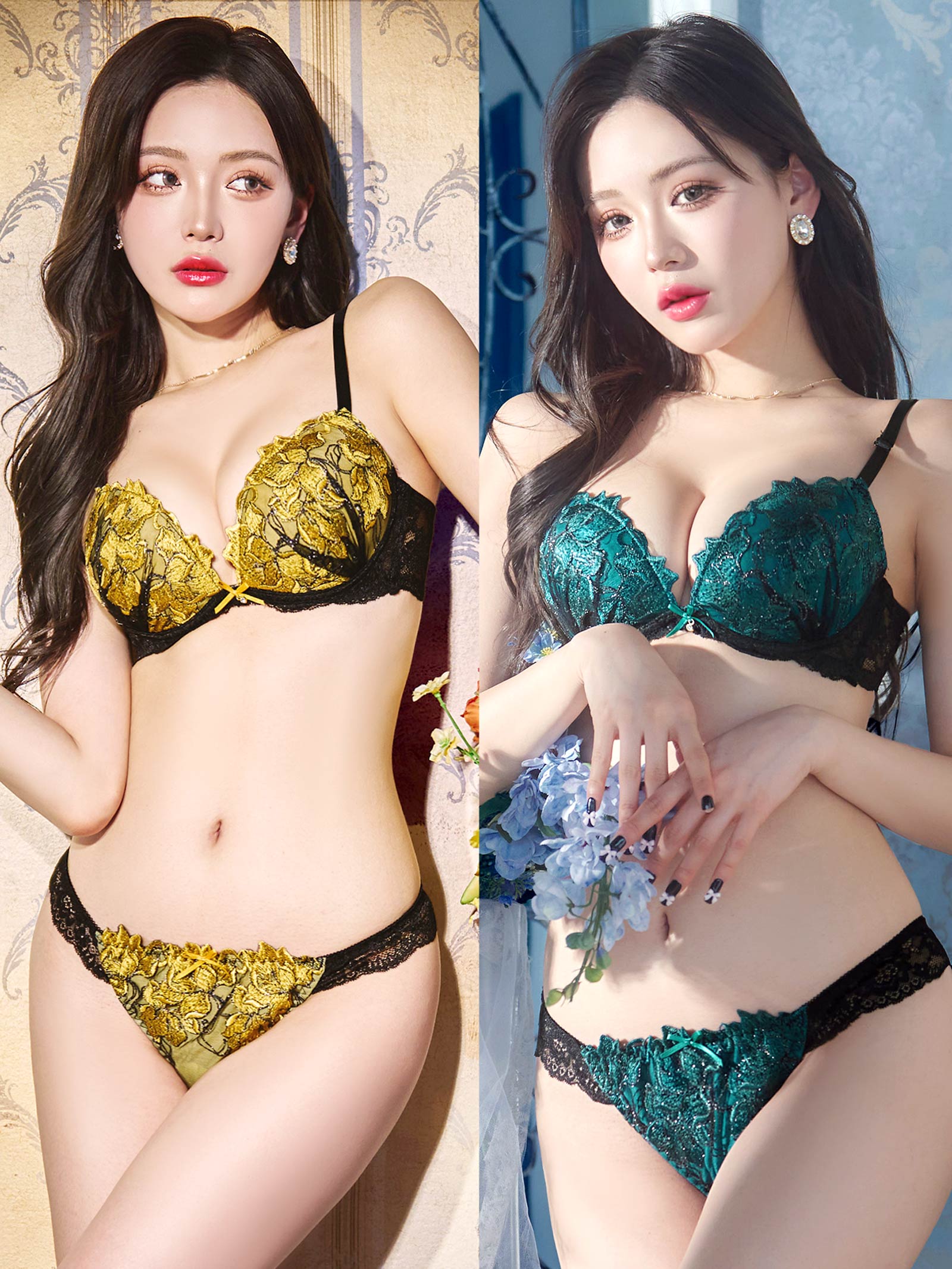 11/11再販!ビビットフルールエンブロイダリー育乳脇高ブラジャー&バック透けTバックショーツ