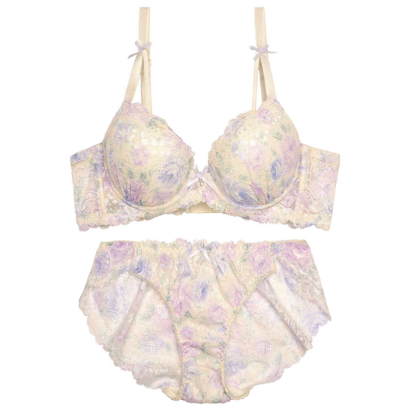 ブラーフローラルレース育乳脇高ブラジャー&バック透けフルバックショーツ