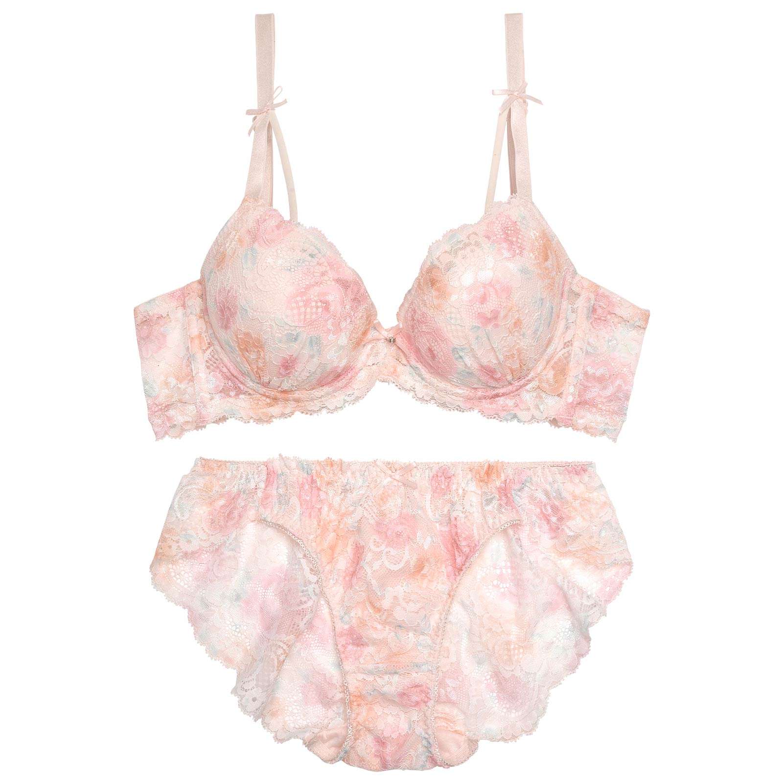 ブラーフローラルレース育乳脇高ブラジャー&バック透けフルバックショーツ