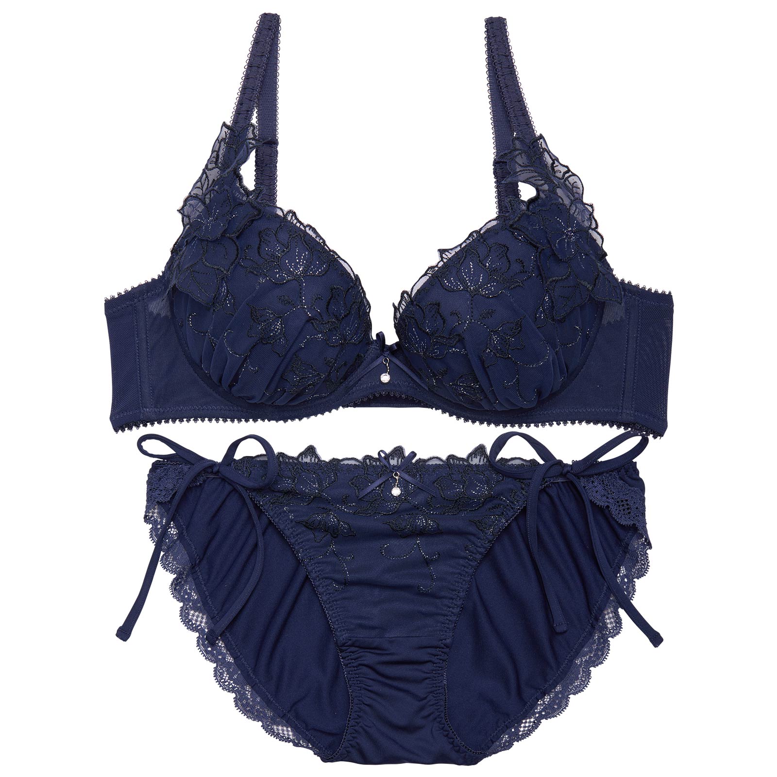 エレガントクリスタルフラワーブラジャー&サイド紐フルバックショーツ