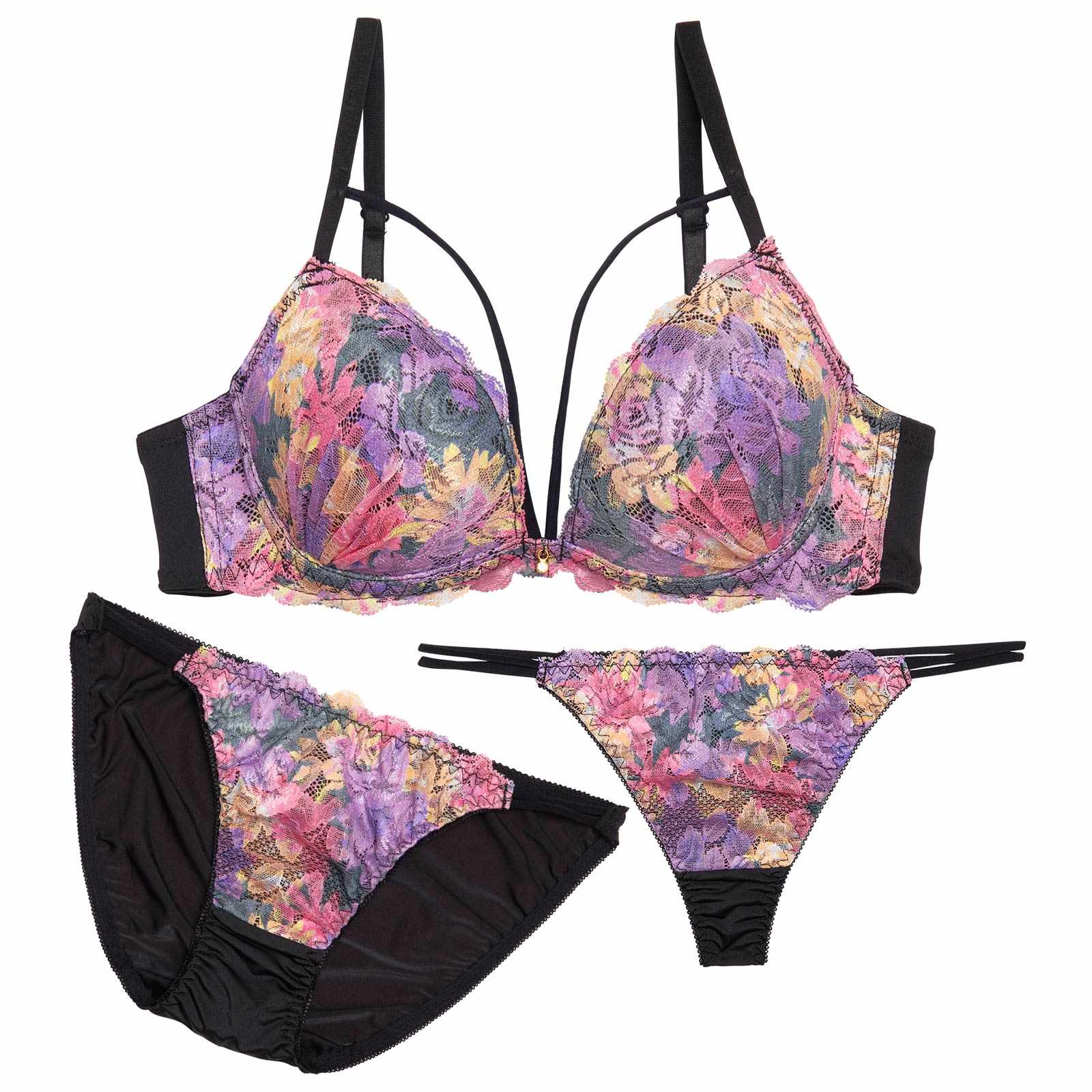 10/11再販!【3点セット】ビビットブロッサムコードブラジャー&フルバック&Tバックショーツ